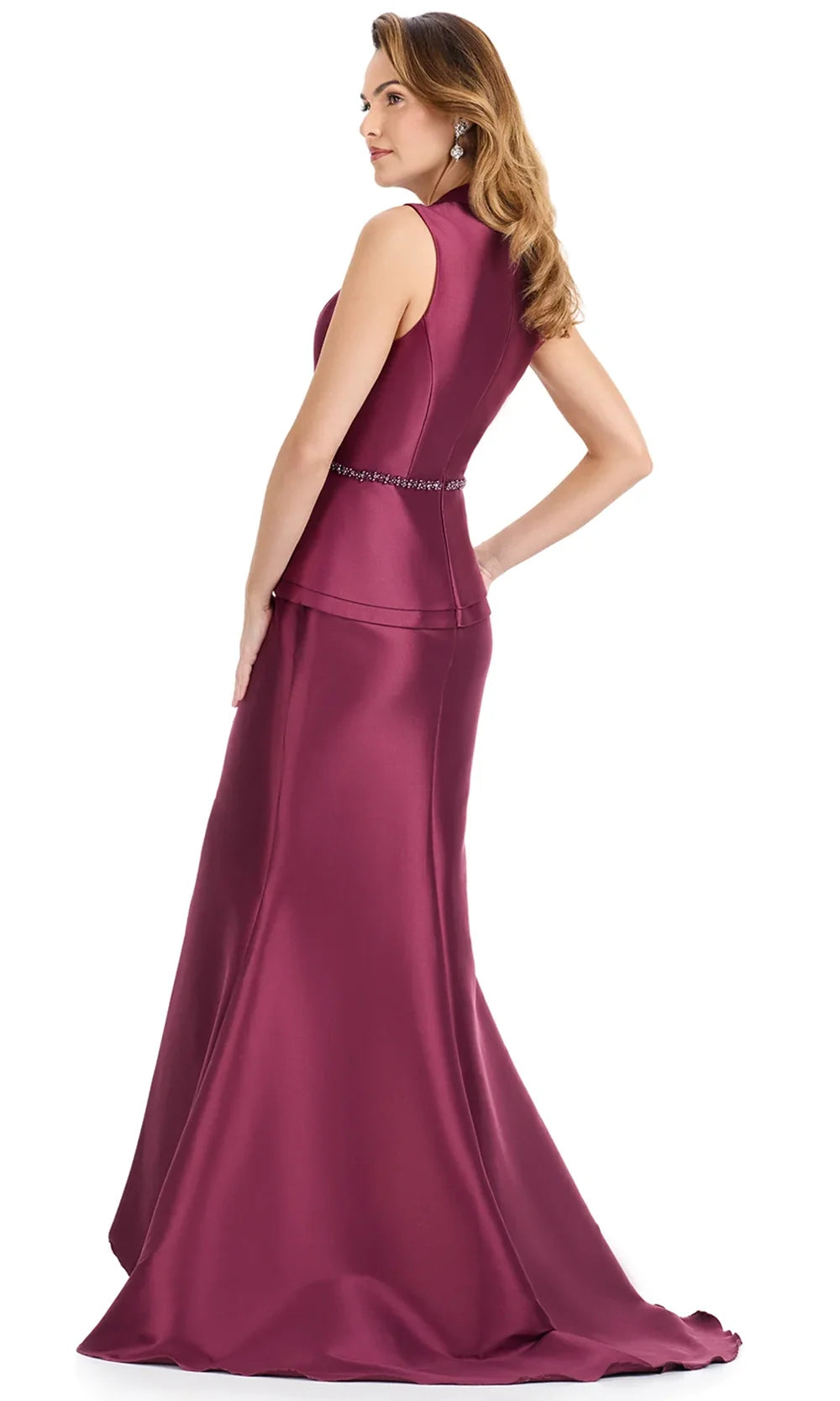 Ashley Lauren E12131 - V-Neckline Layered Peplum Mikado Dress in Wine