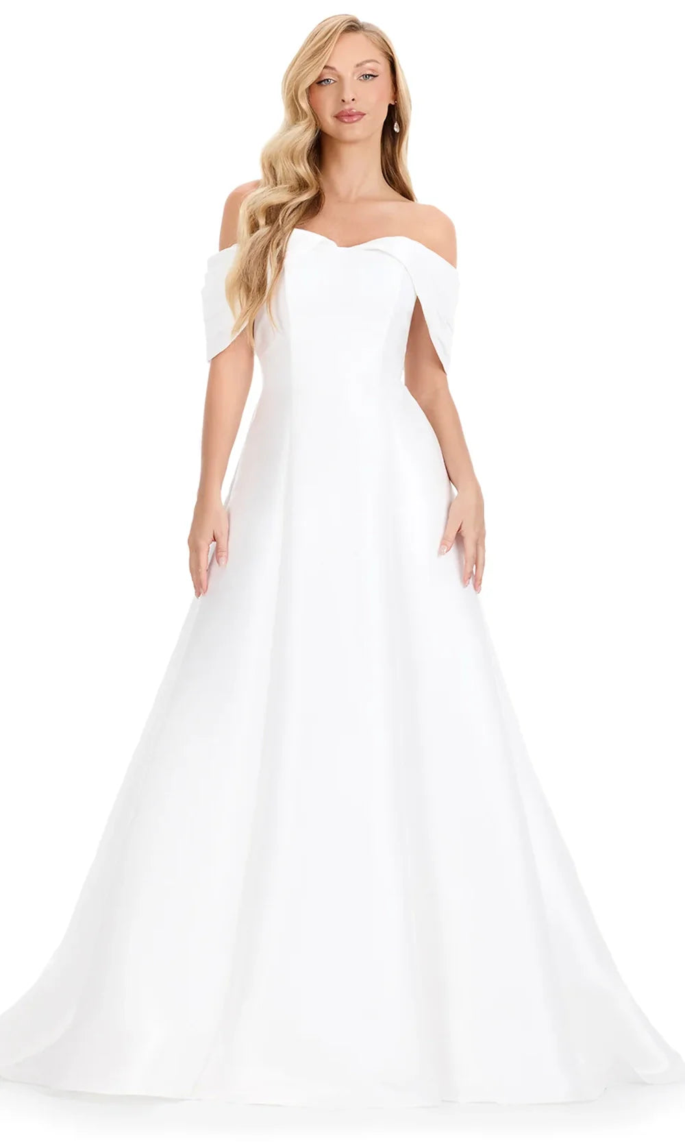 Ashley Lauren E12133 - Off Shoulder Glossy Satin Evening Dress in Ivory