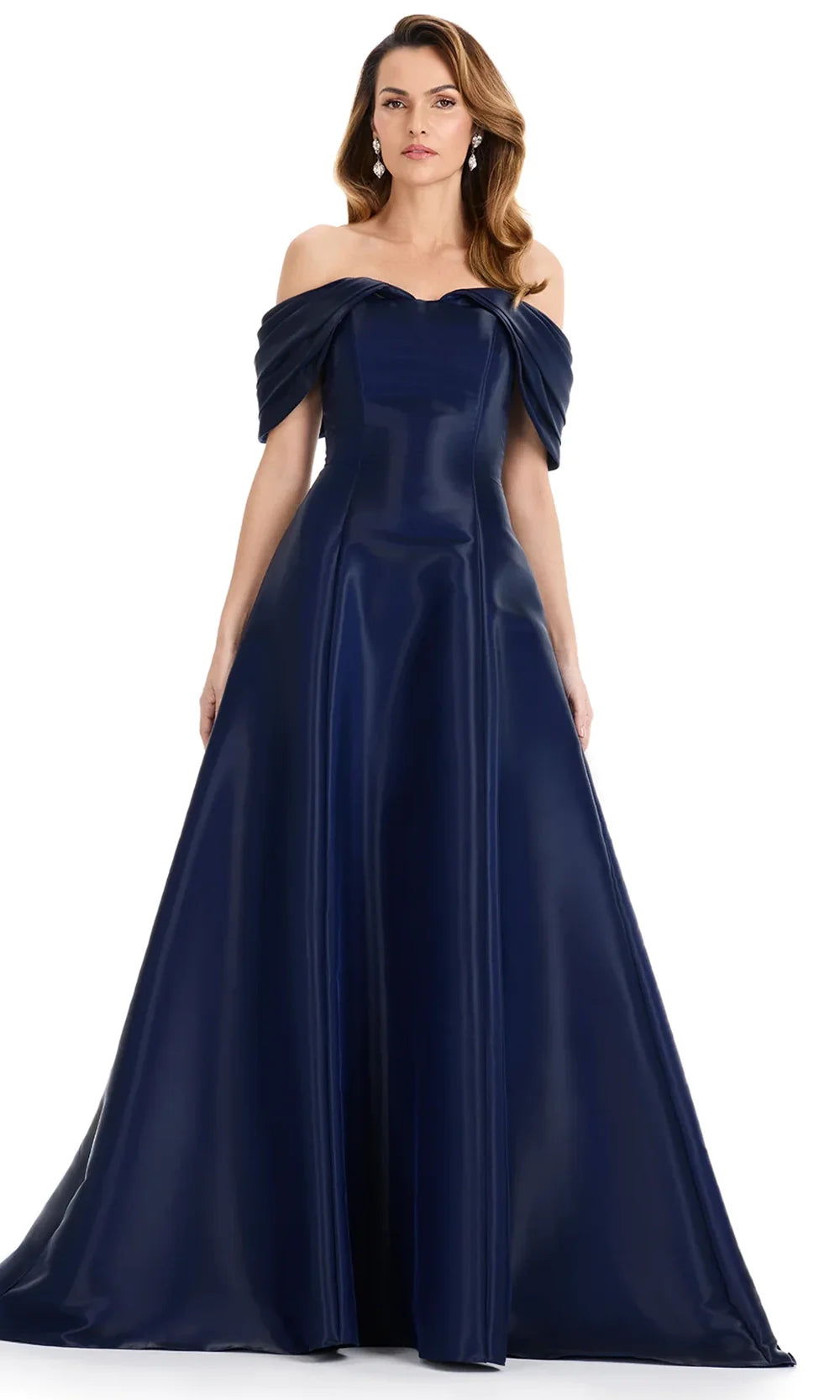 Ashley Lauren E12133 - Off Shoulder Glossy Satin Evening Dress in Navy