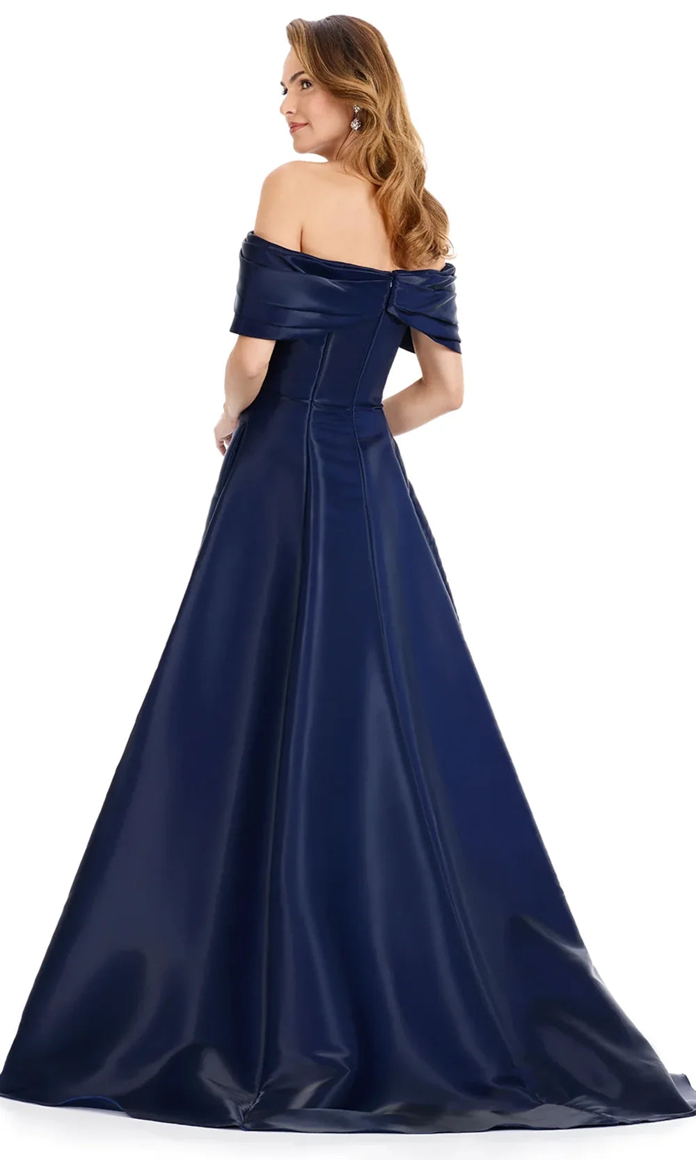 Ashley Lauren E12133 - Off Shoulder Glossy Satin Evening Dress in Navy