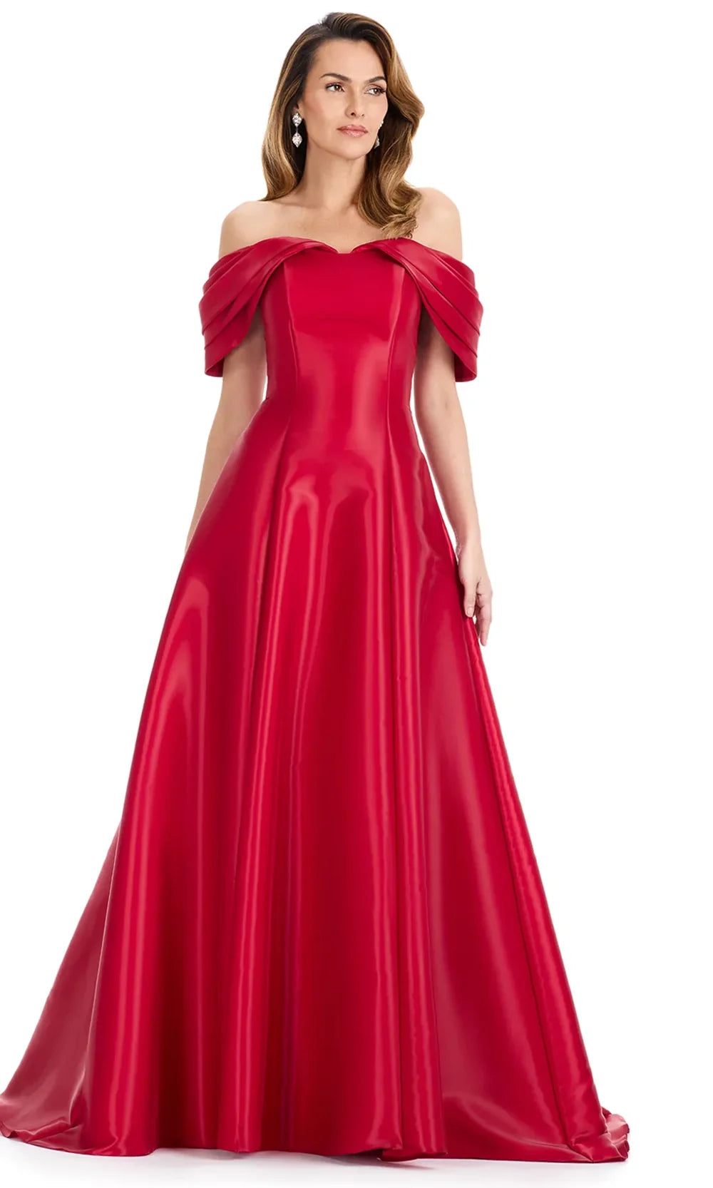 Ashley Lauren E12133 - Off Shoulder Glossy Satin Evening Dress in Red