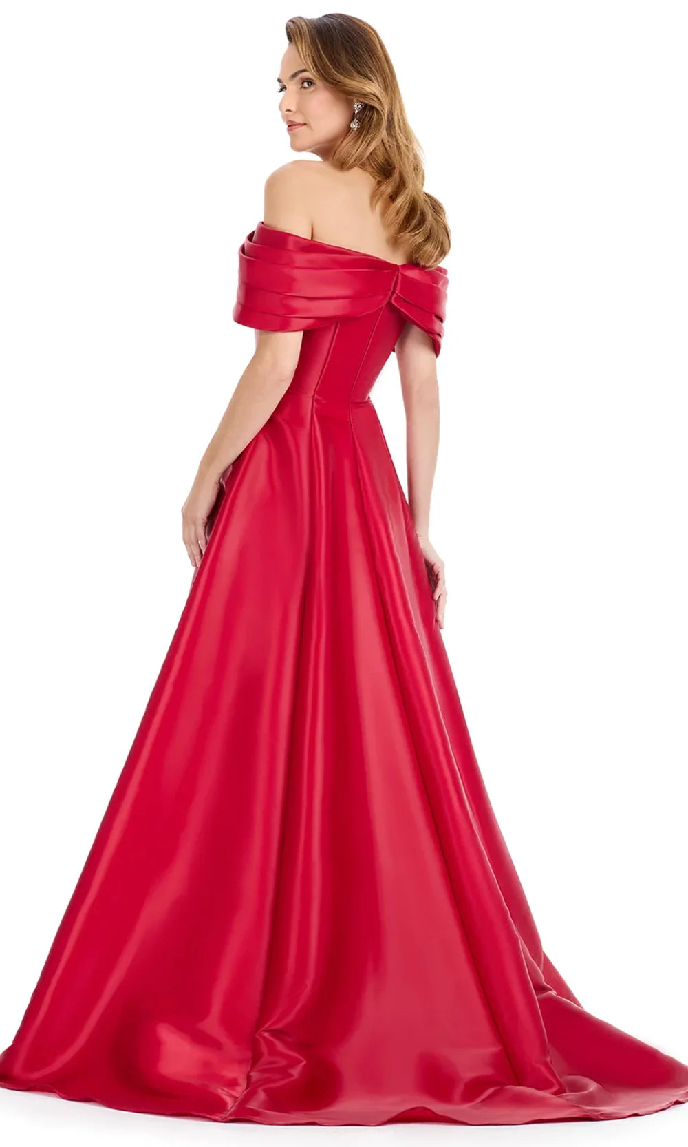 Ashley Lauren E12133 - Off Shoulder Glossy Satin Evening Dress in Red