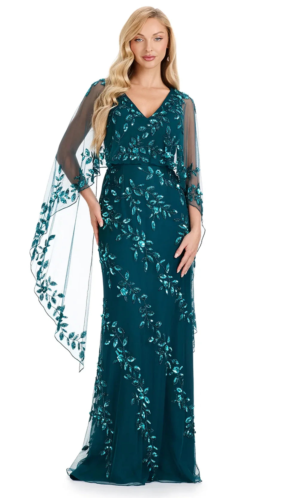 Ashley Lauren E12134 - Illusion Cape Fully Beaded Formal Dress in DarkTeal