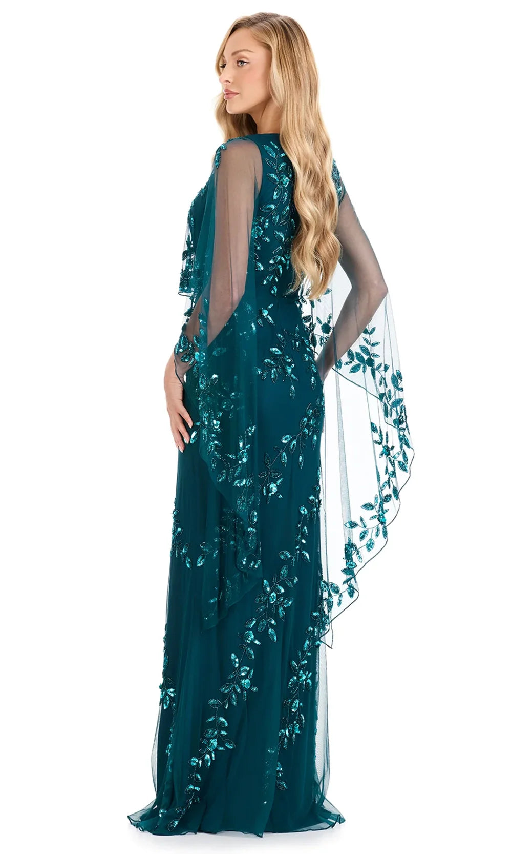 Ashley Lauren E12134 - Illusion Cape Fully Beaded Formal Dress in DarkTeal