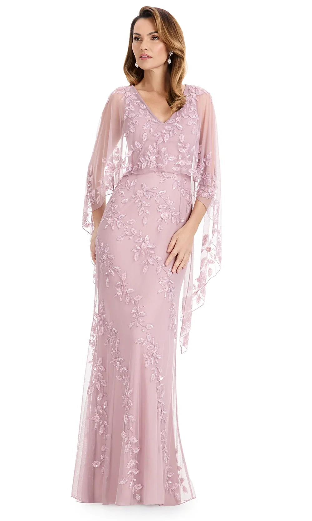 Ashley Lauren E12134 - Illusion Cape Fully Beaded Formal Dress in DustyRose