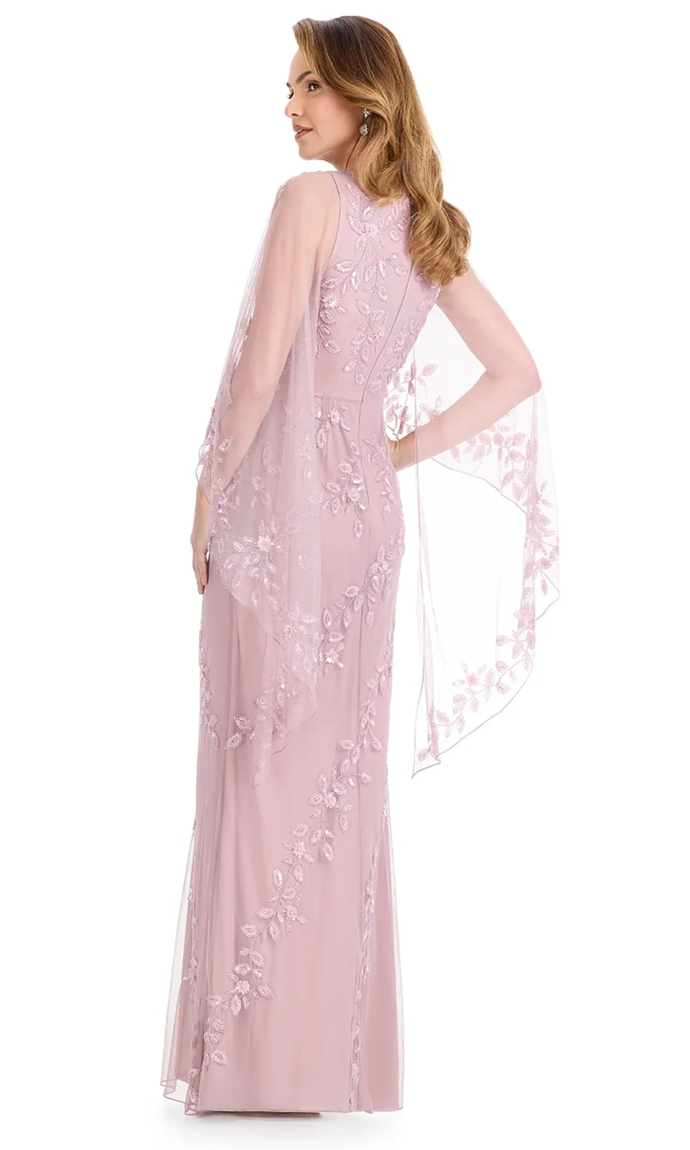 Ashley Lauren E12134 - Illusion Cape Fully Beaded Formal Dress in DustyRose