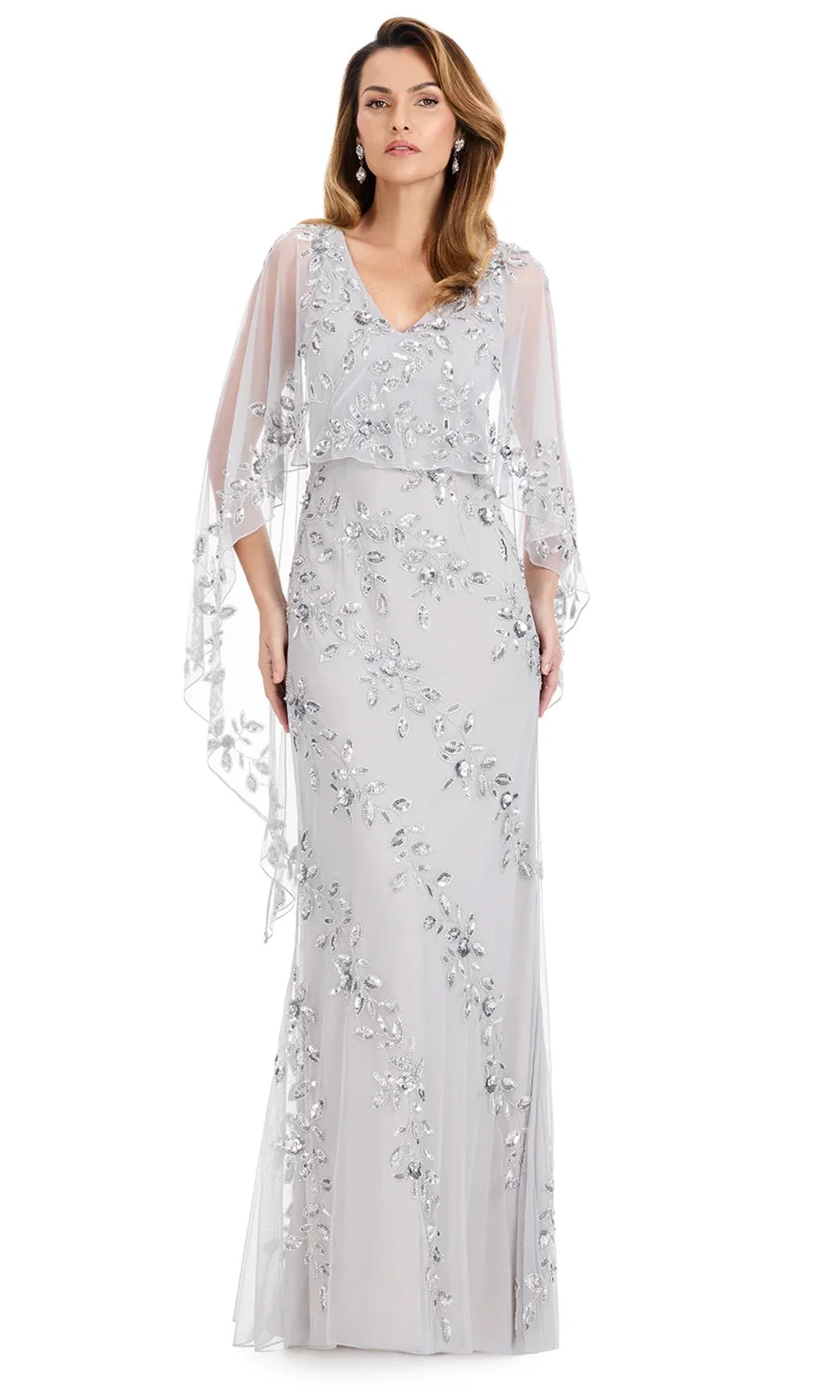 Ashley Lauren E12134 - Illusion Cape Fully Beaded Formal Dress in Silver
