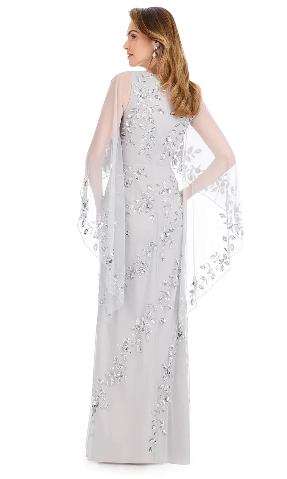 Ashley Lauren E12134 - Illusion Cape Fully Beaded Formal Dress in Silver