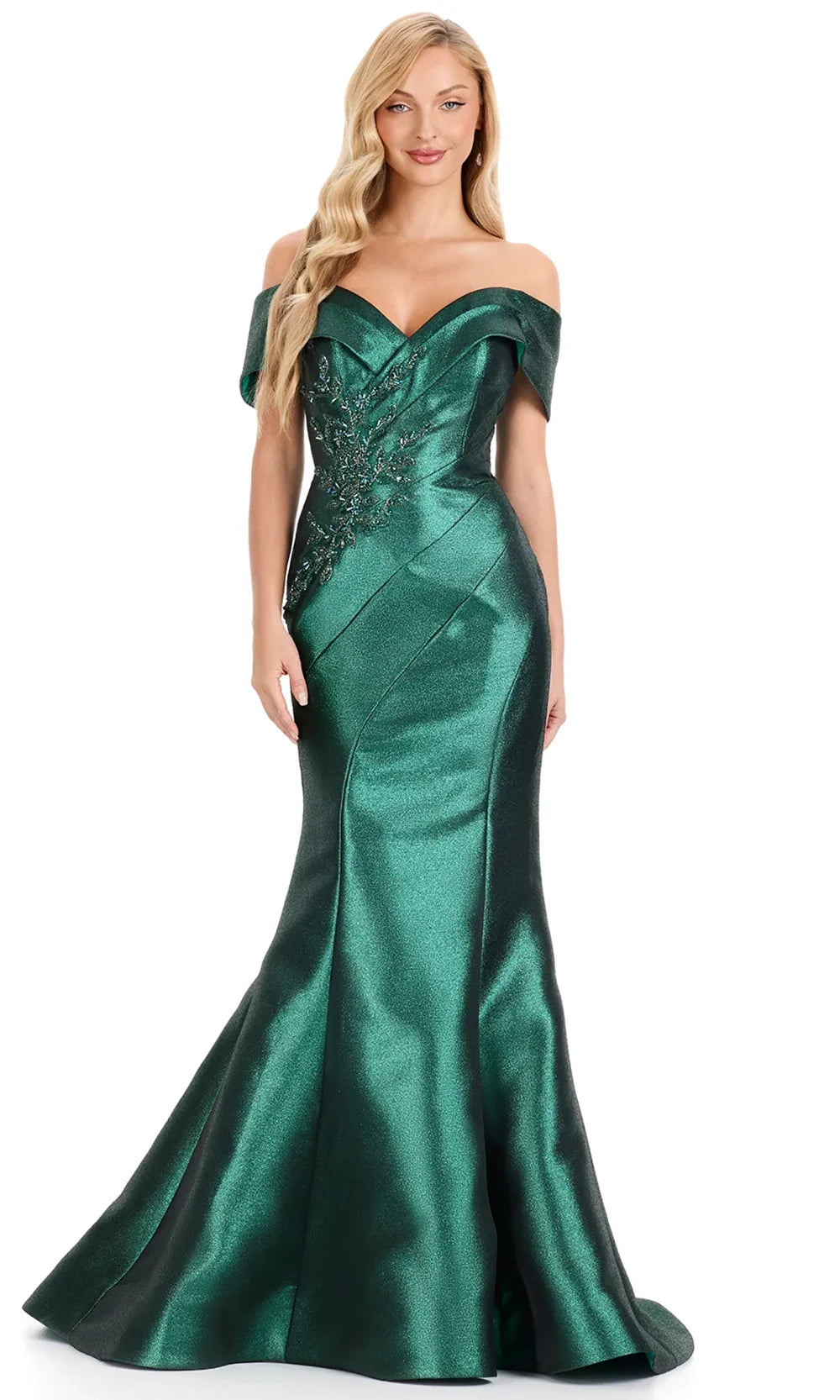 Ashley Lauren E12135 - Metallic Off Shoulder Seamed Dress in Emerald