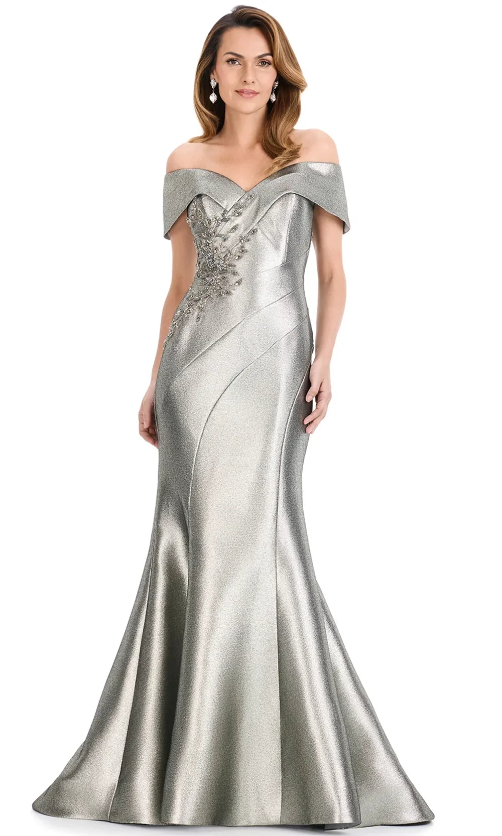 Ashley Lauren E12135 - Metallic Off Shoulder Seamed Dress in Platin um 