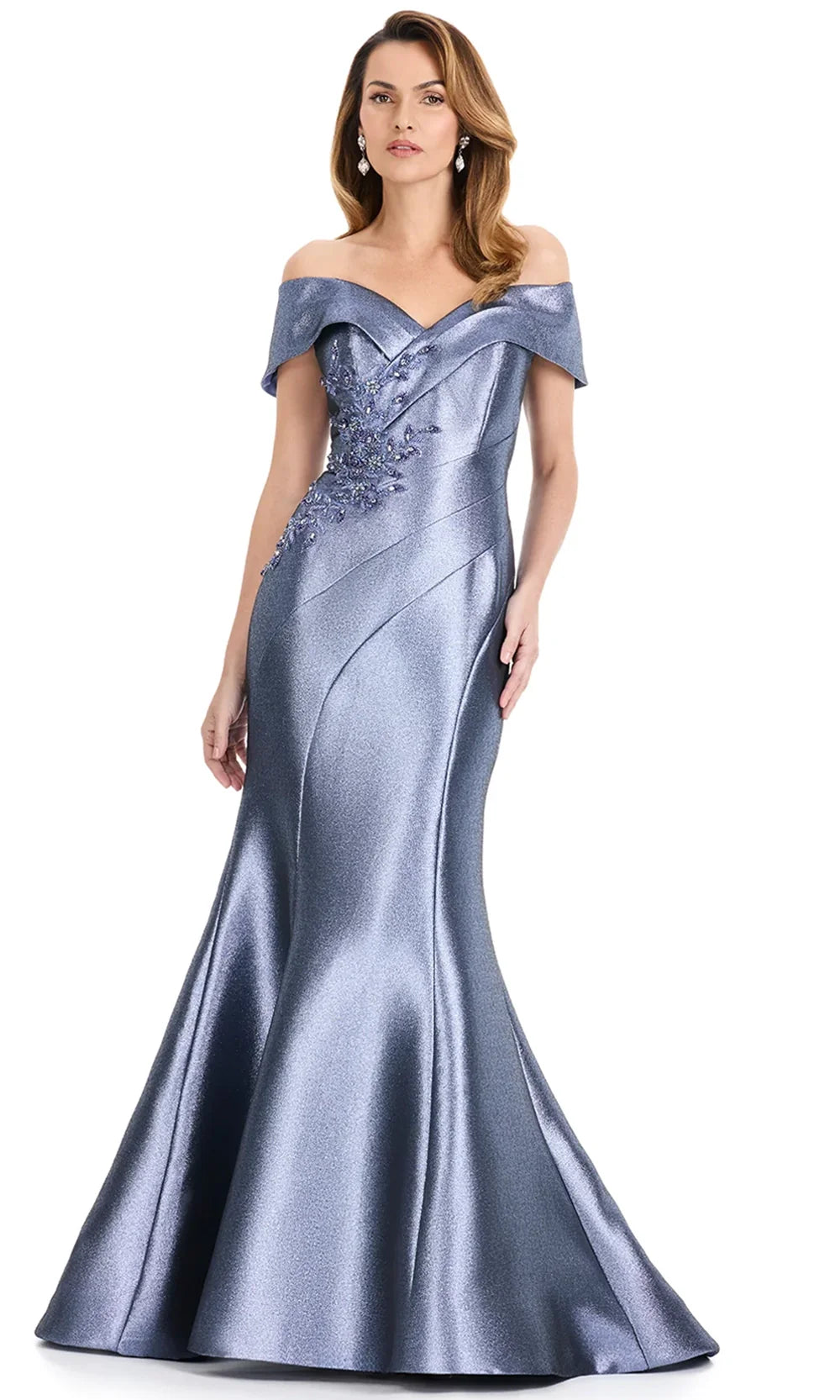 Ashley Lauren E12135 - Metallic Off Shoulder Seamed Dress in Slate Blue