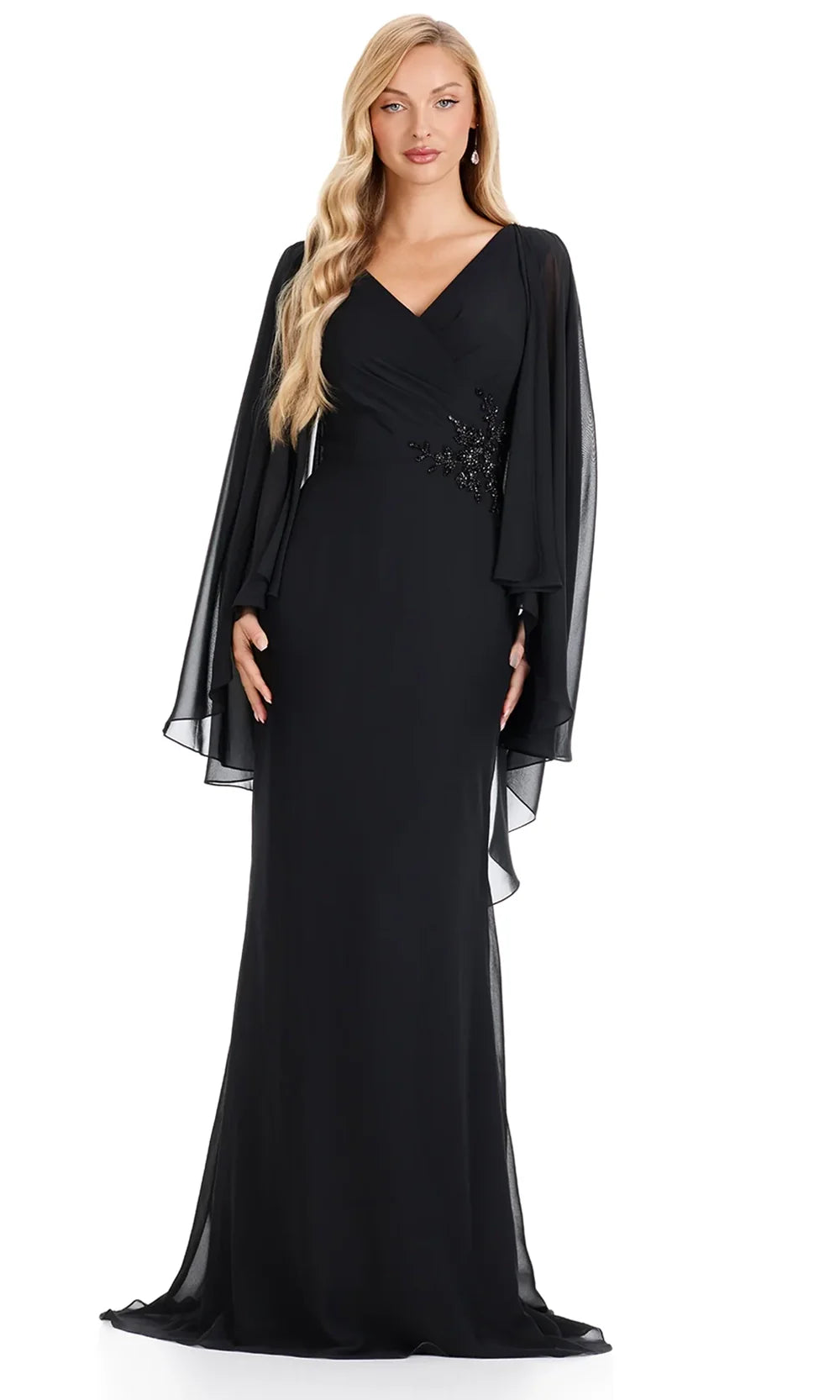 Ashley Lauren E12138 - Draped Cape Sleeve Chiffon Formal Dress in Black