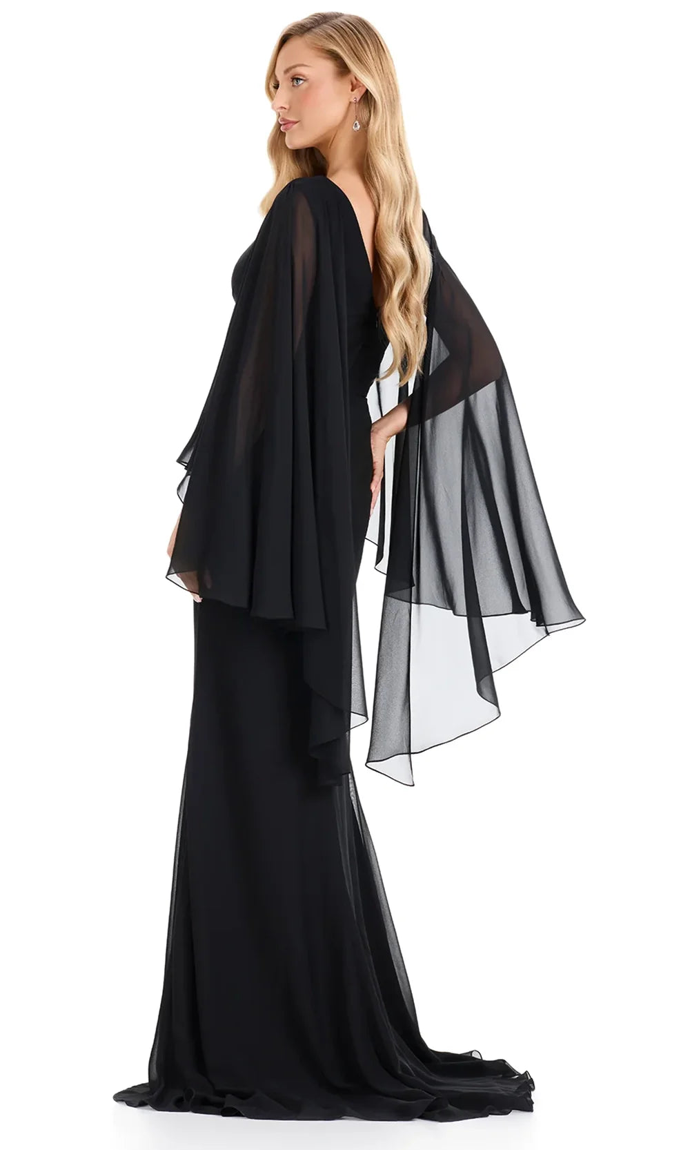 Ashley Lauren E12138 - Draped Cape Sleeve Chiffon Formal Dress in Black