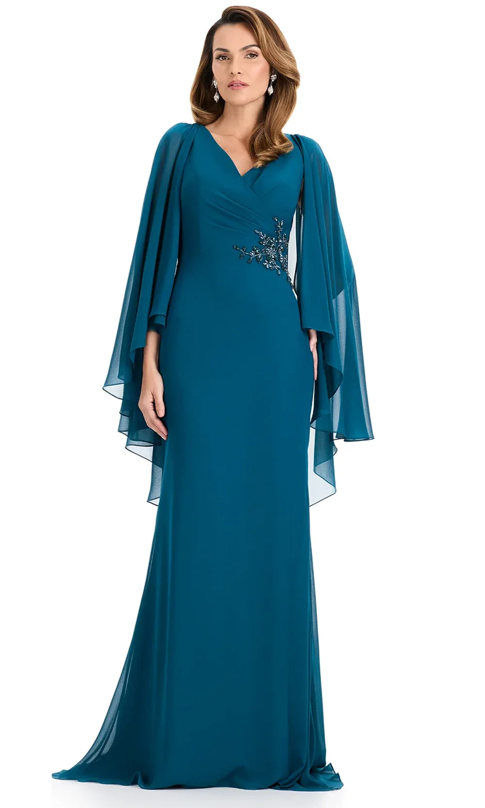 Ashley Lauren E12138 - Draped Cape Sleeve Chiffon Formal Dress in DarkTeal