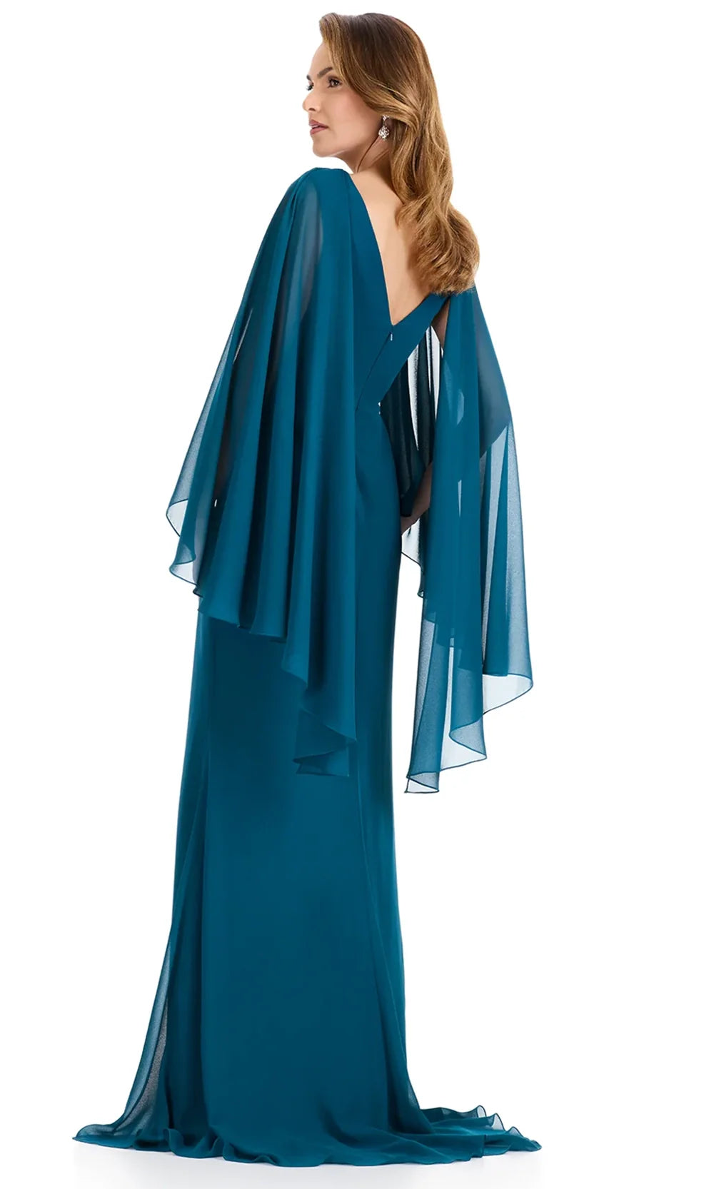 Ashley Lauren E12138 - Draped Cape Sleeve Chiffon Formal Dress in DarkTeal