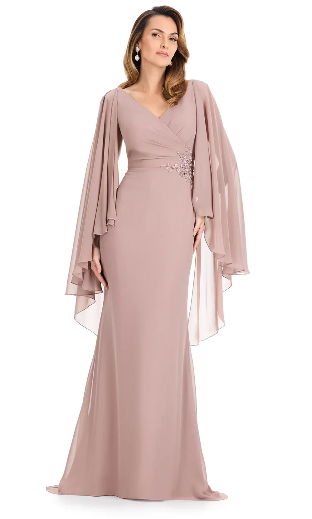 Ashley Lauren E12138 - Draped Cape Sleeve Chiffon Formal Dress in Taupe