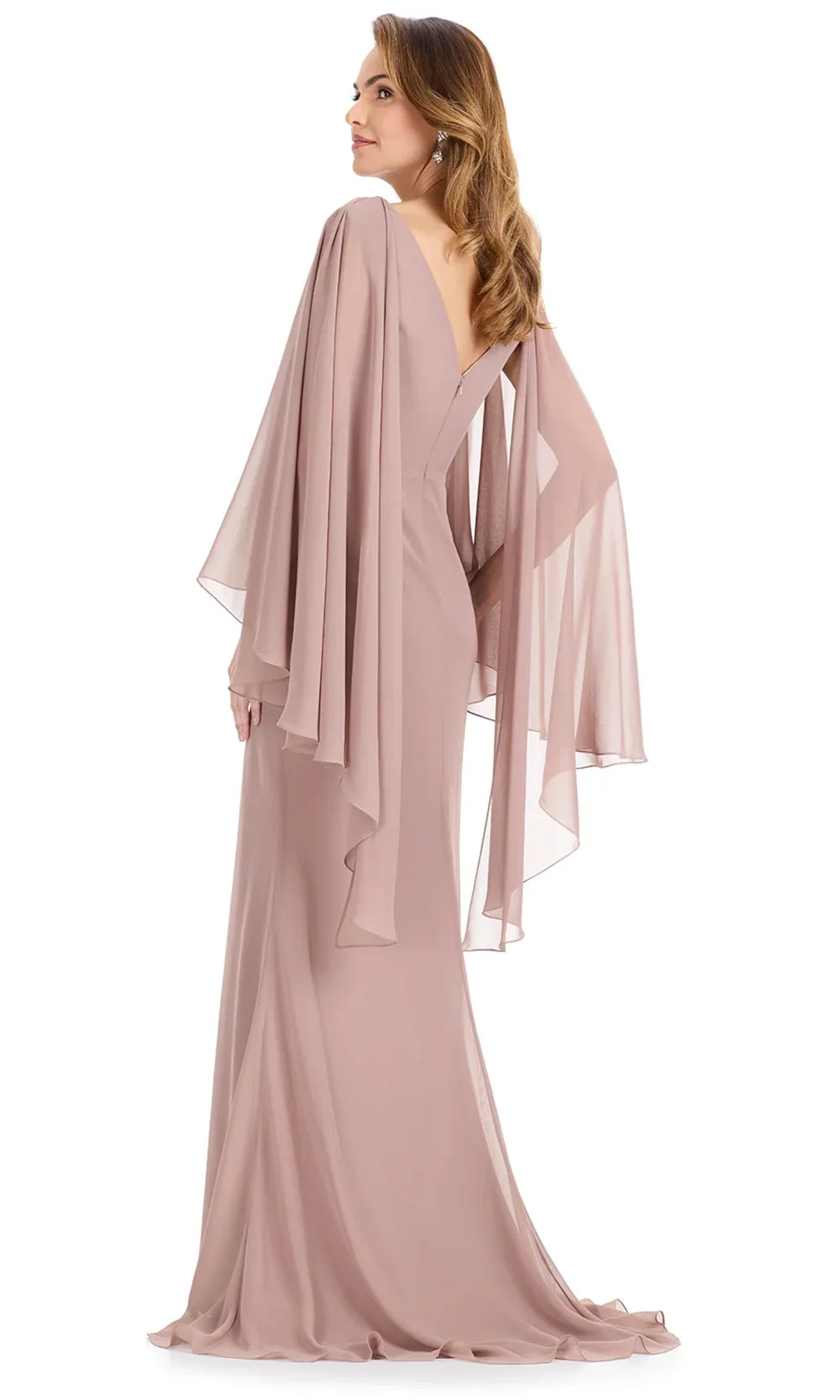 Ashley Lauren E12138 - Draped Cape Sleeve Chiffon Formal Dress in Taupe