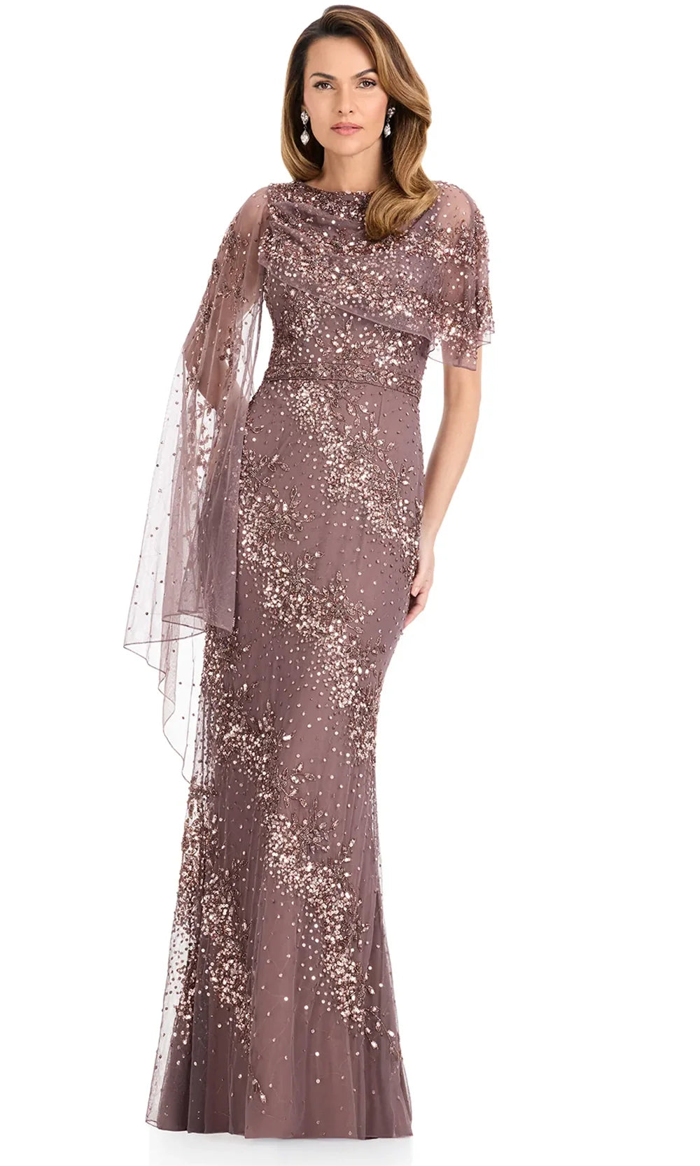 Ashley Lauren E12140 - Fully Beaded Cape Overlay Formal Dress in DarkTaupe