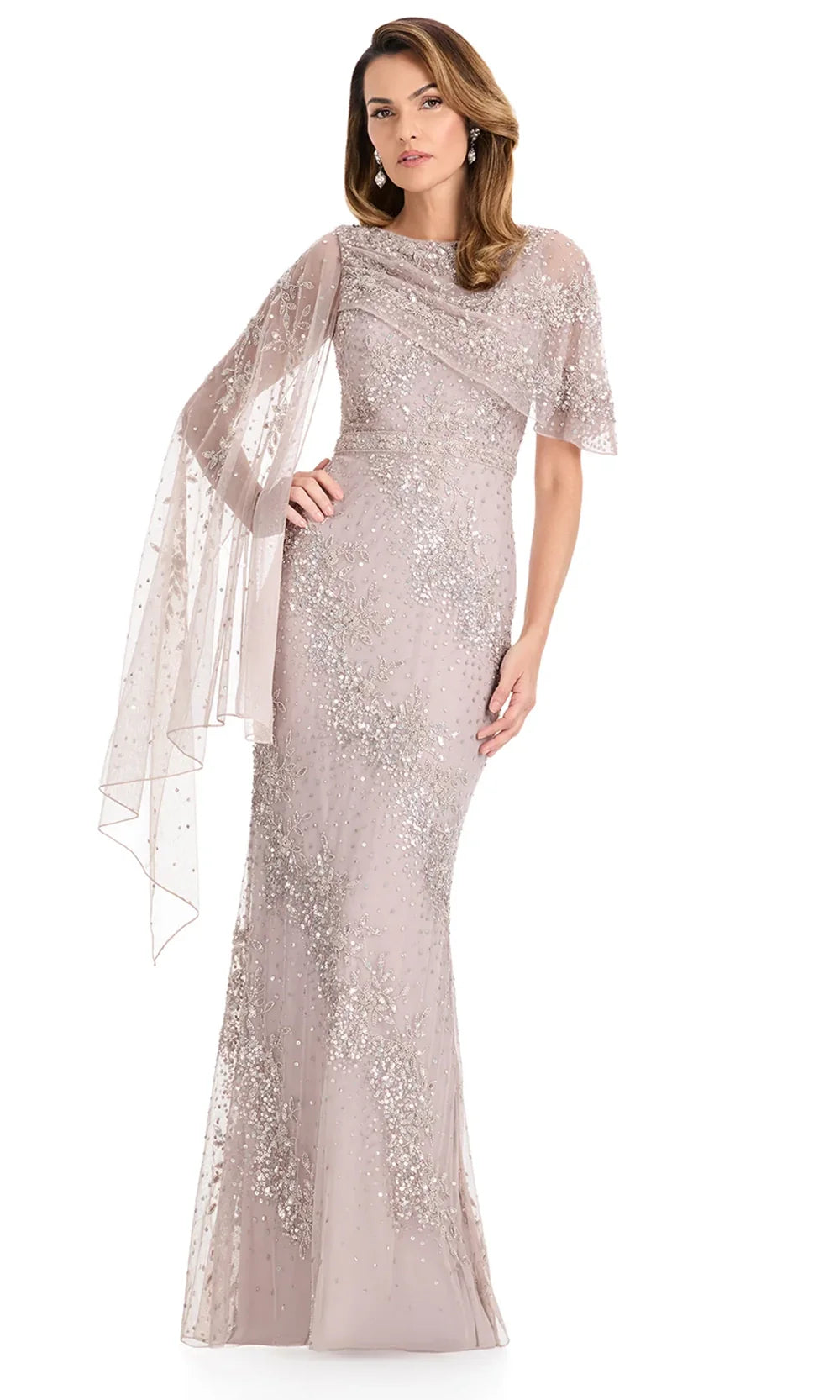 Ashley Lauren E12140 - Fully Beaded Cape Overlay Formal Dress in Marble
