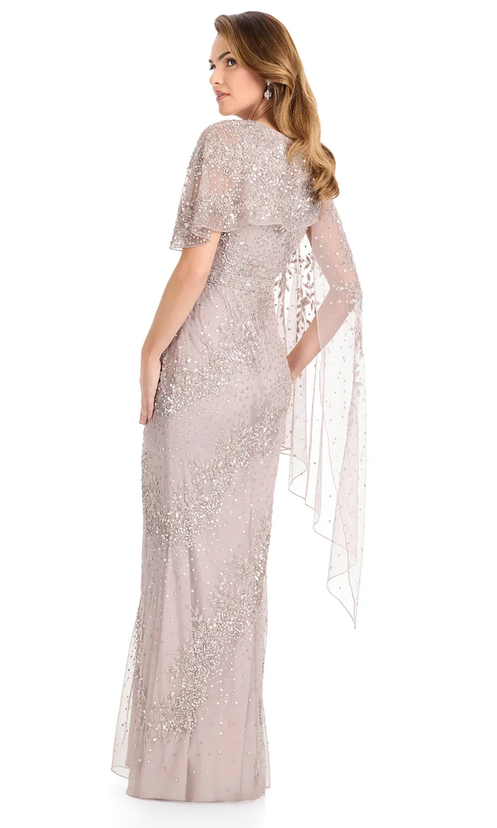 Ashley Lauren E12140 - Fully Beaded Cape Overlay Formal Dress in Marble