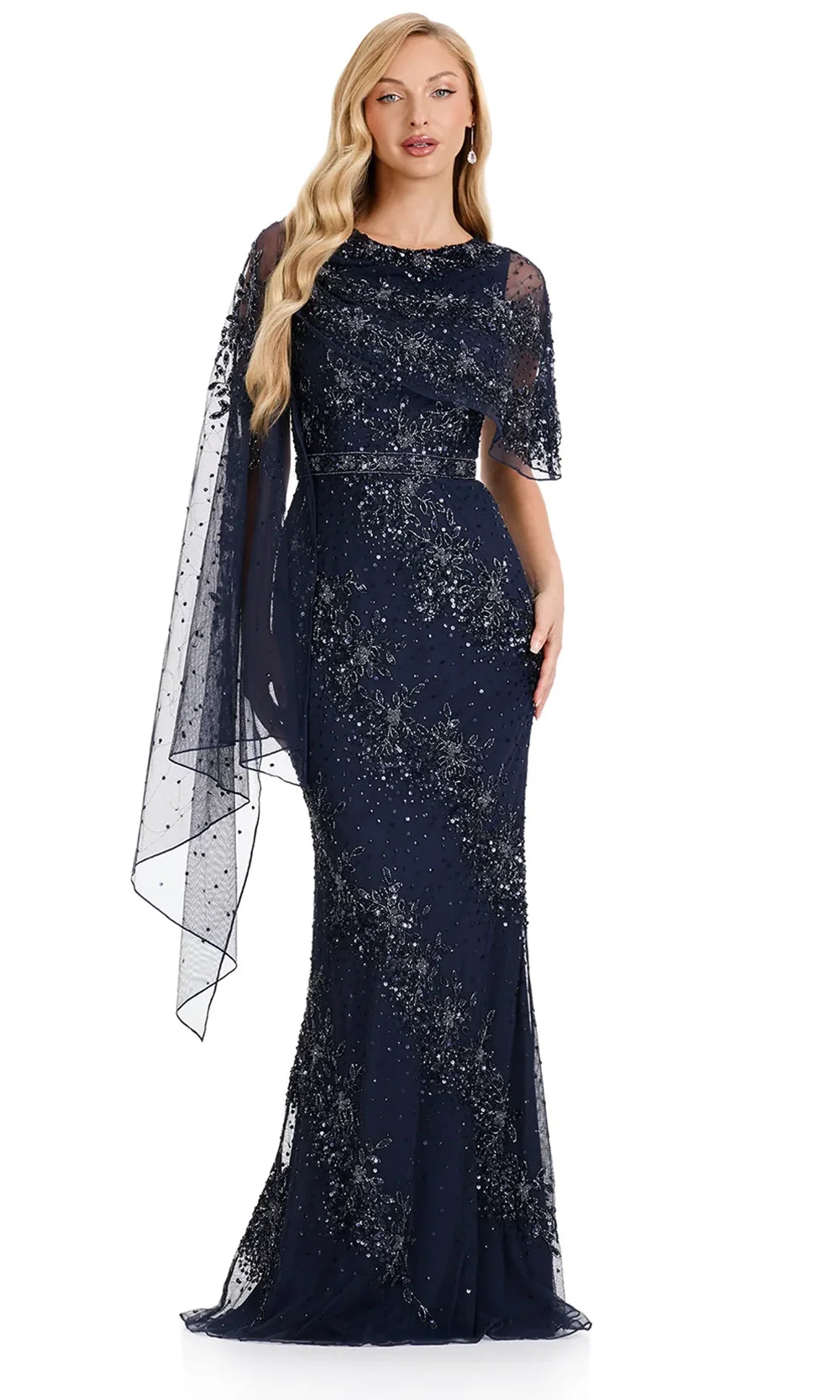 Ashley Lauren E12140 - Fully Beaded Cape Overlay Formal Dress in Navy