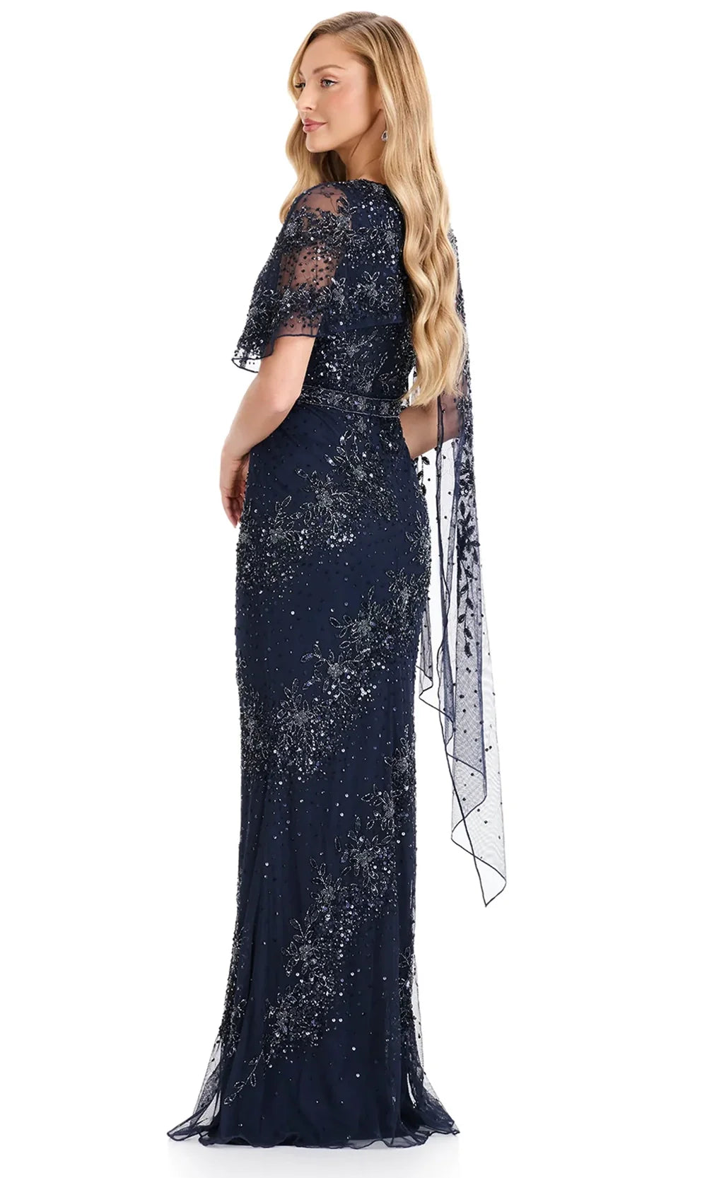Ashley Lauren E12140 - Fully Beaded Cape Overlay Formal Dress in Navy