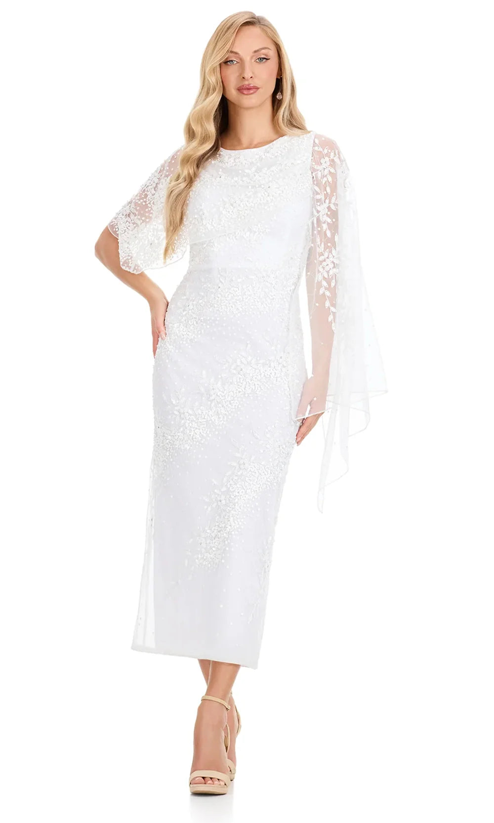 Ashley Lauren E12141 - Asymmetric Cape Beaded Tea-Length Dress in Ivory