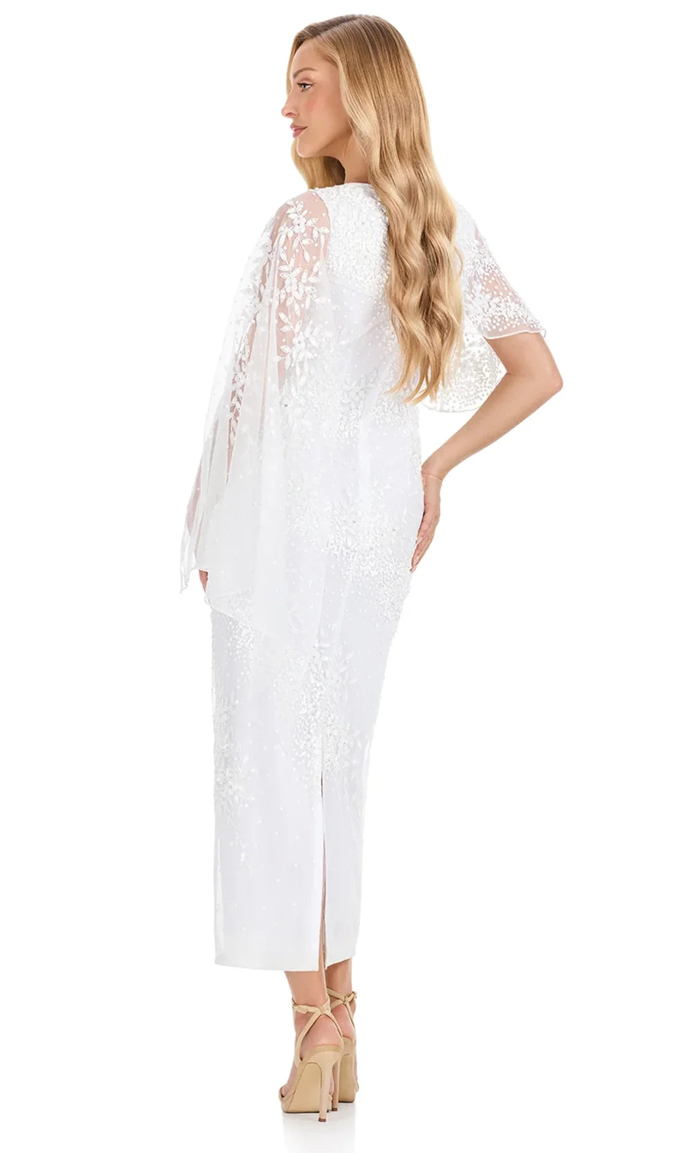 Ashley Lauren E12141 - Asymmetric Cape Beaded Tea-Length Dress in Ivory