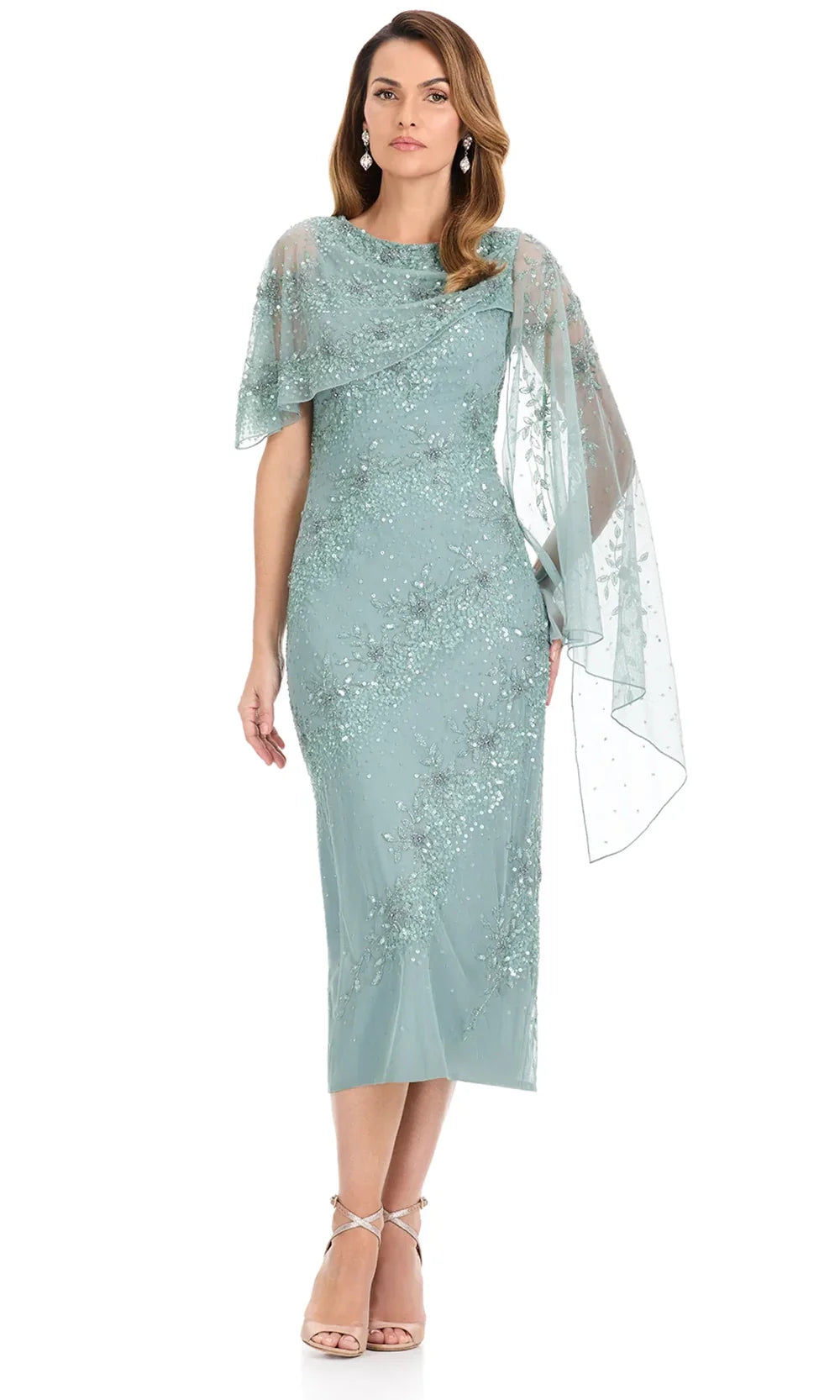 Ashley Lauren E12141 - Asymmetric Cape Beaded Tea-Length Dress in Sage