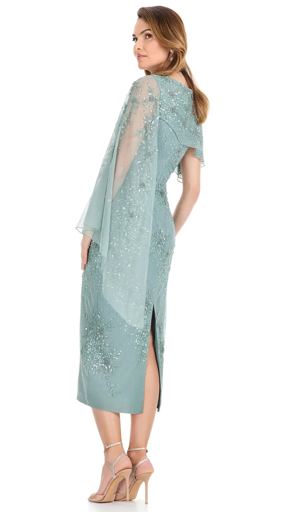 Ashley Lauren E12141 - Asymmetric Cape Beaded Tea-Length Dress in Sage