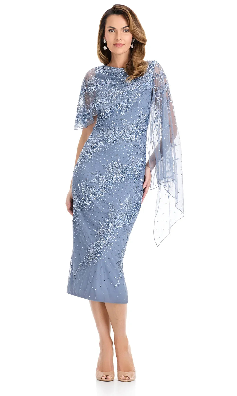 Ashley Lauren E12141 - Asymmetric Cape Beaded Tea-Length Dress in Vin tageBlue
