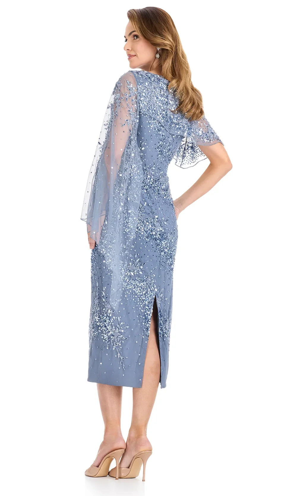 Ashley Lauren E12141 - Asymmetric Cape Beaded Tea-Length Dress in Vin tageBlue