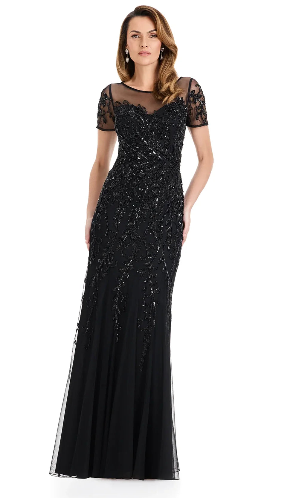 Ashley Lauren E12142 - Beaded Illusion Short Sleeve Formal Dress in Black