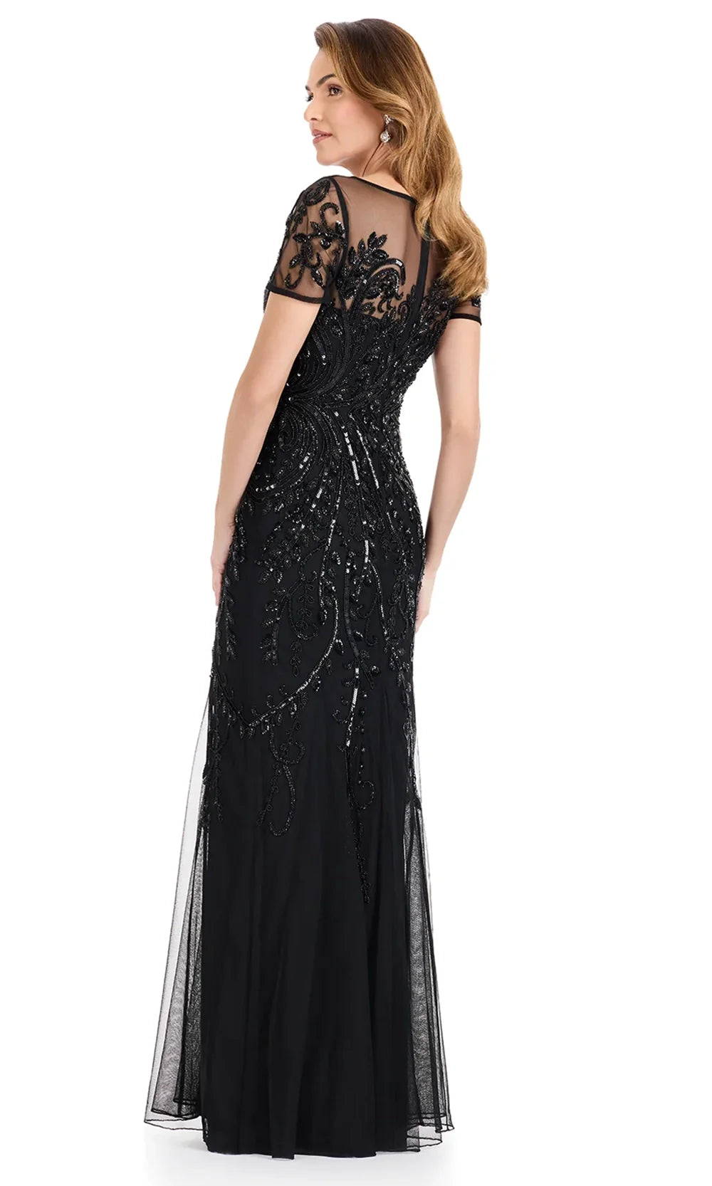 Ashley Lauren E12142 - Beaded Illusion Short Sleeve Formal Dress in Black
