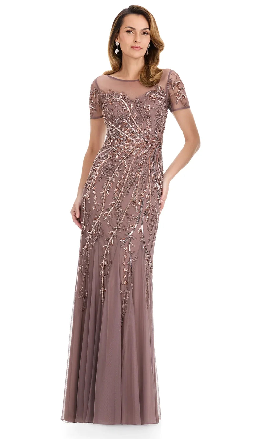 Ashley Lauren E12142 - Beaded Illusion Short Sleeve Formal Dress in DarkTaupe