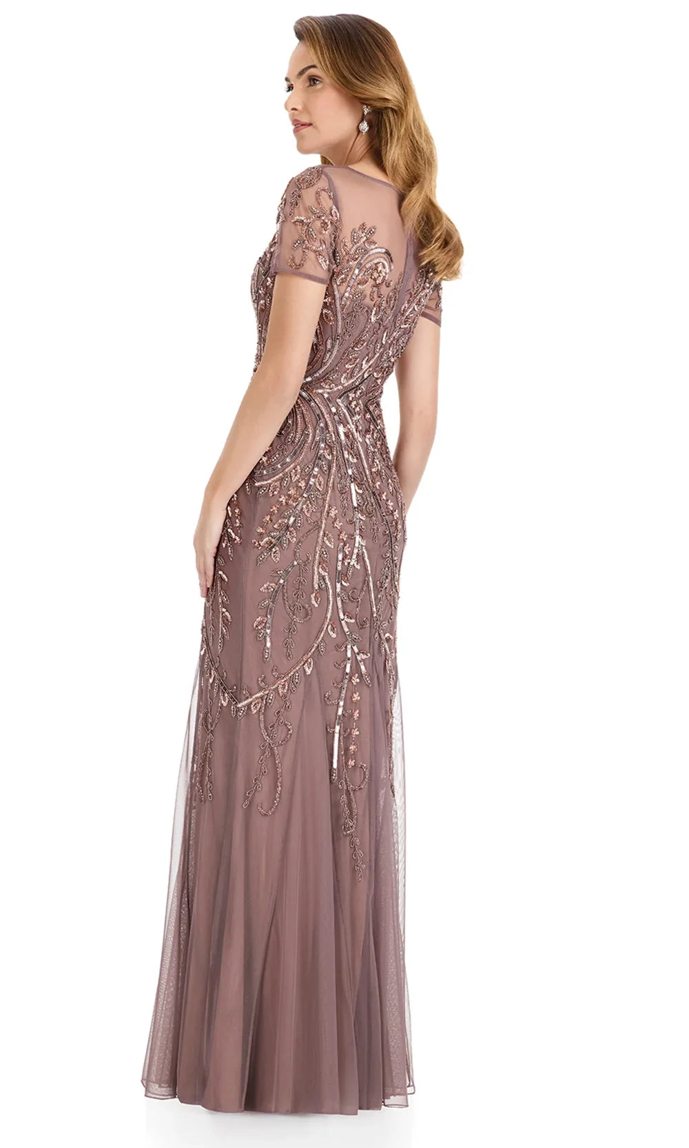 Ashley Lauren E12142 - Beaded Illusion Short Sleeve Formal Dress in DarkTaupe