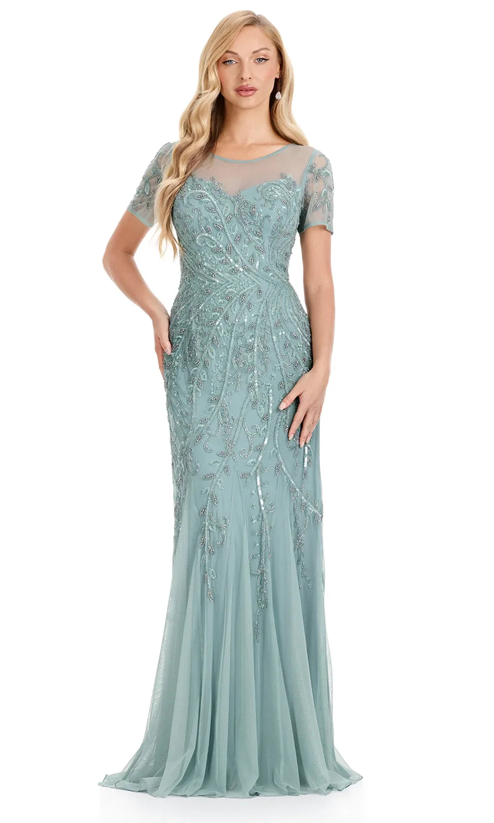 Ashley Lauren E12142 - Beaded Illusion Short Sleeve Formal Dress in Sage