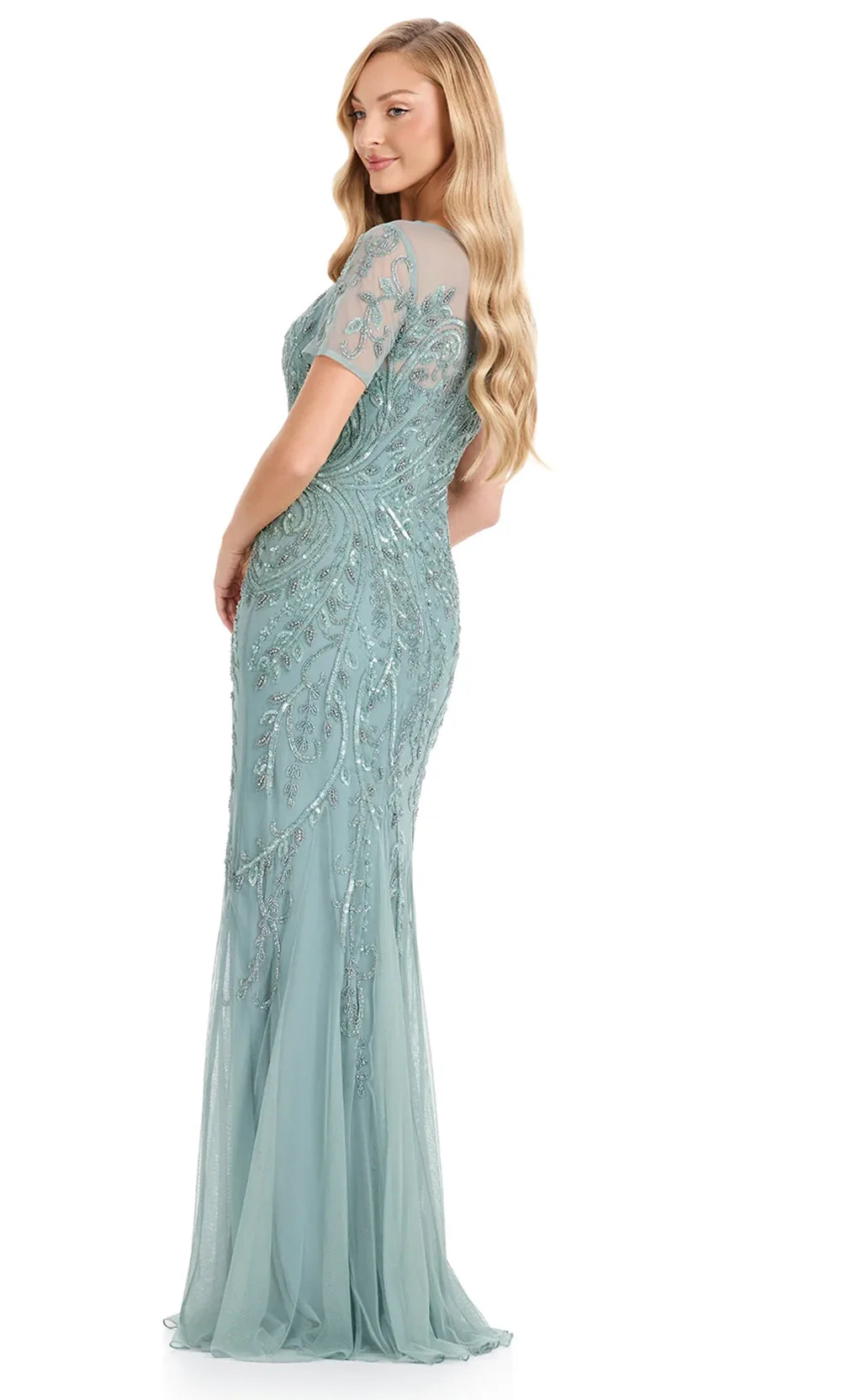 Ashley Lauren E12142 - Beaded Illusion Short Sleeve Formal Dress in Sage