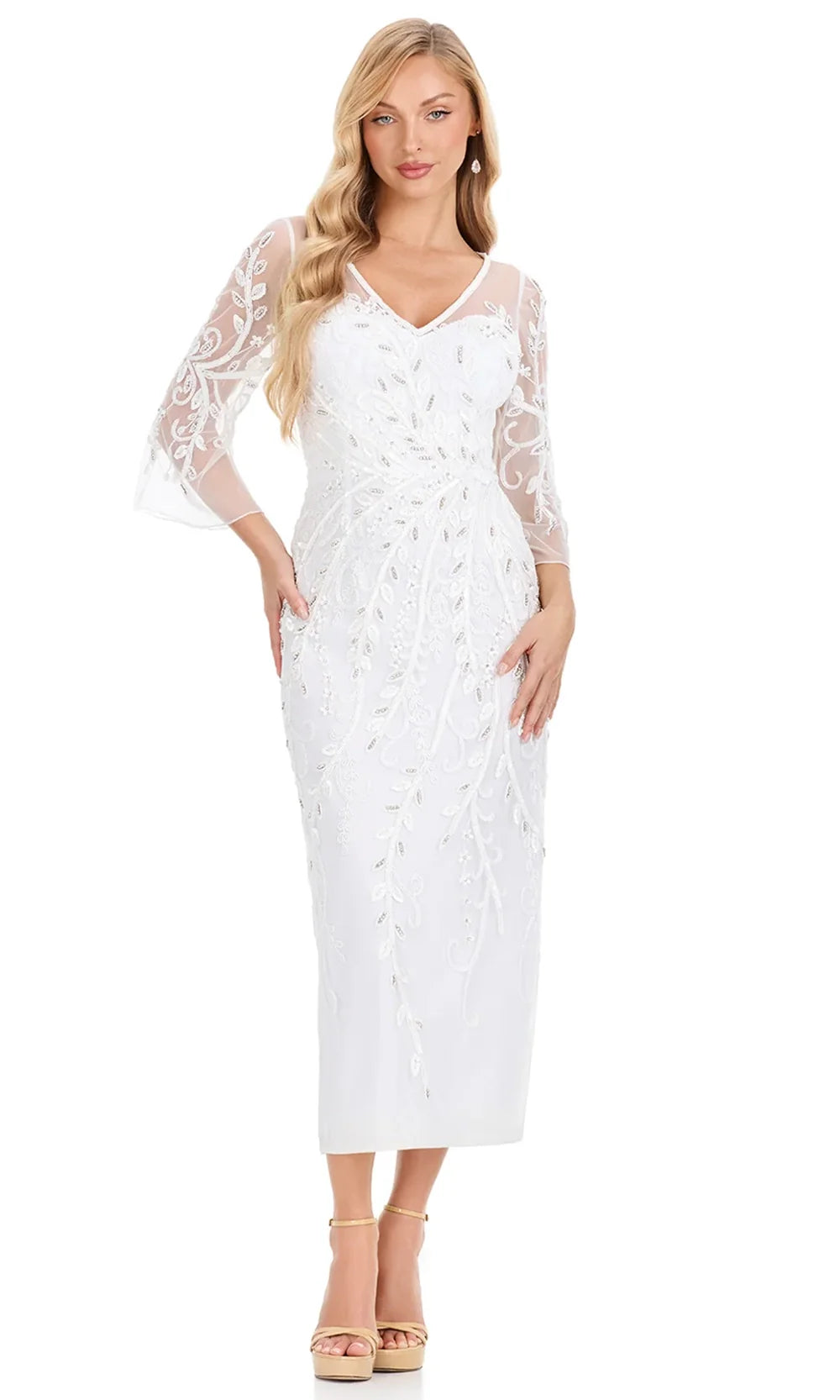 Ashley Lauren E12143 - Tea-Length Three-Quarter Sleeve Dress Weddin g Guest