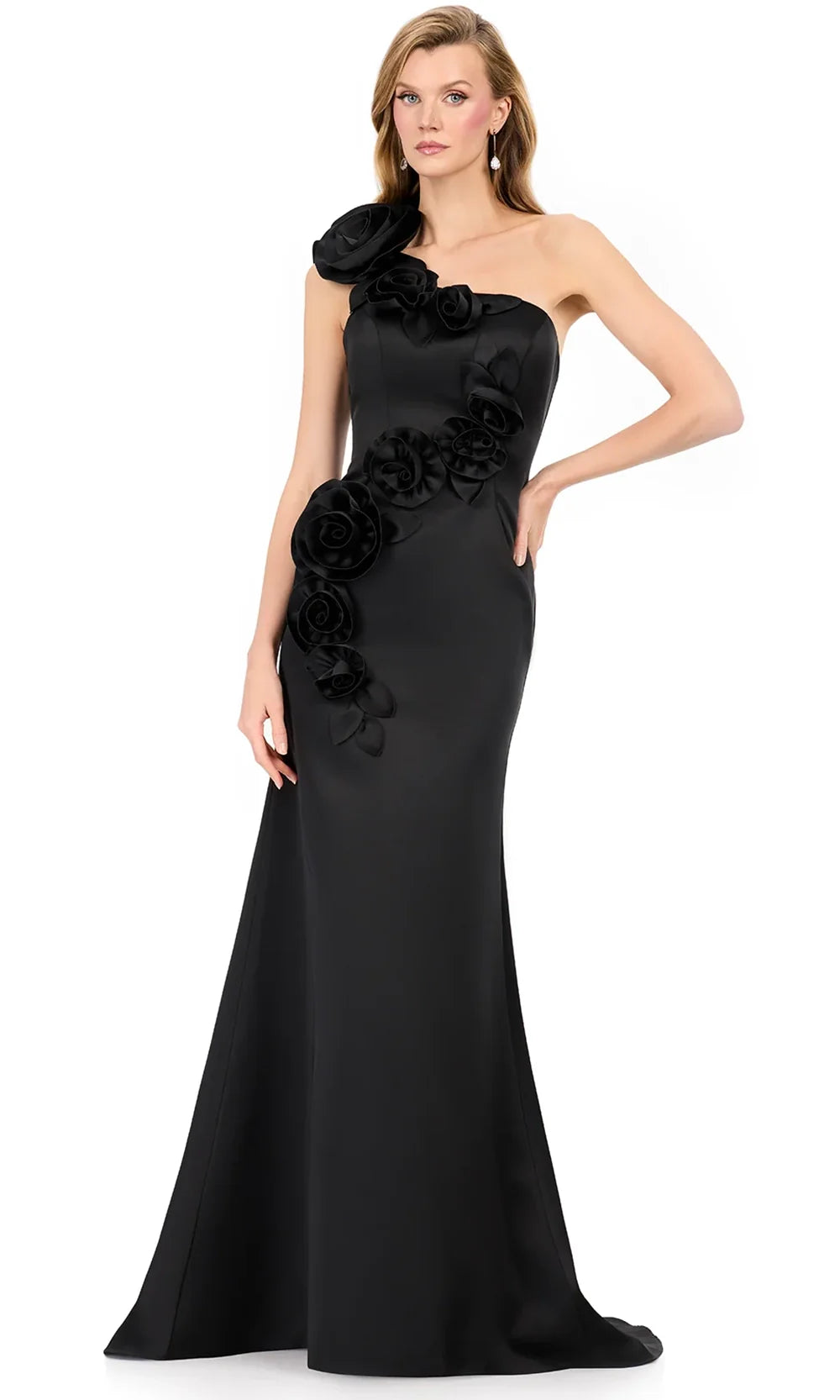 Ashley Lauren E12159 - Asymmetric Neckline Cascadin g Floral Dress in Black