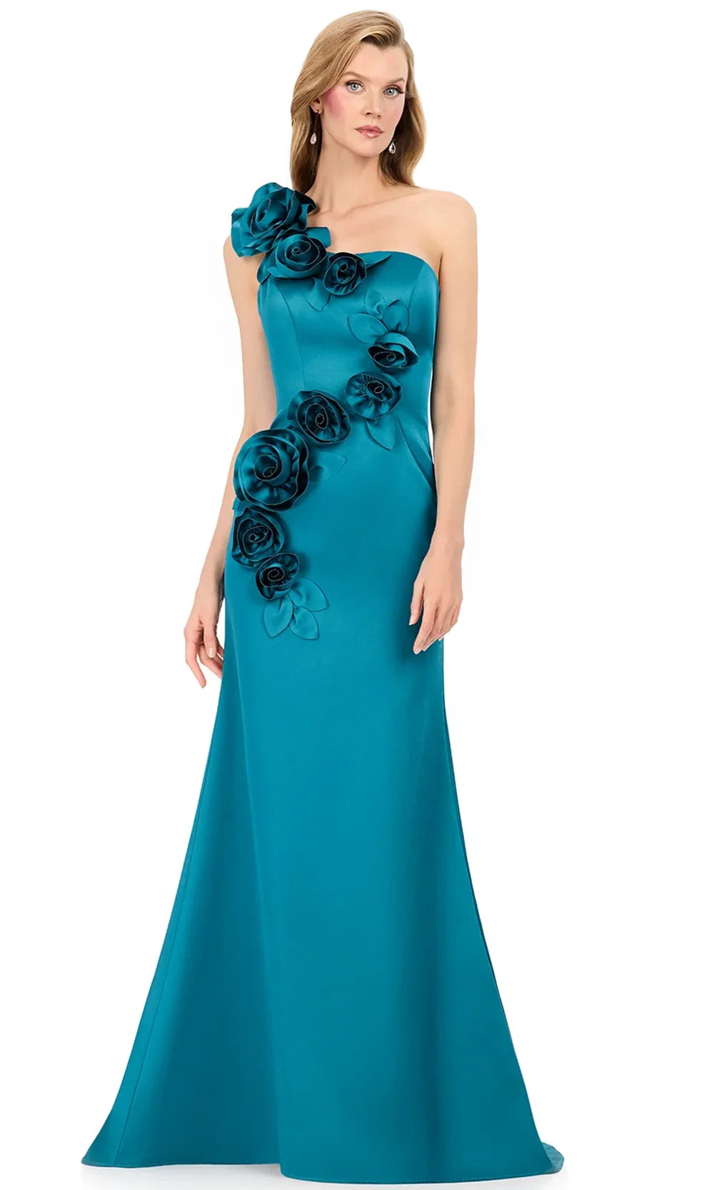 Ashley Lauren E12159 - Asymmetric Neckline Cascadin g Floral Dress in Dark Teal