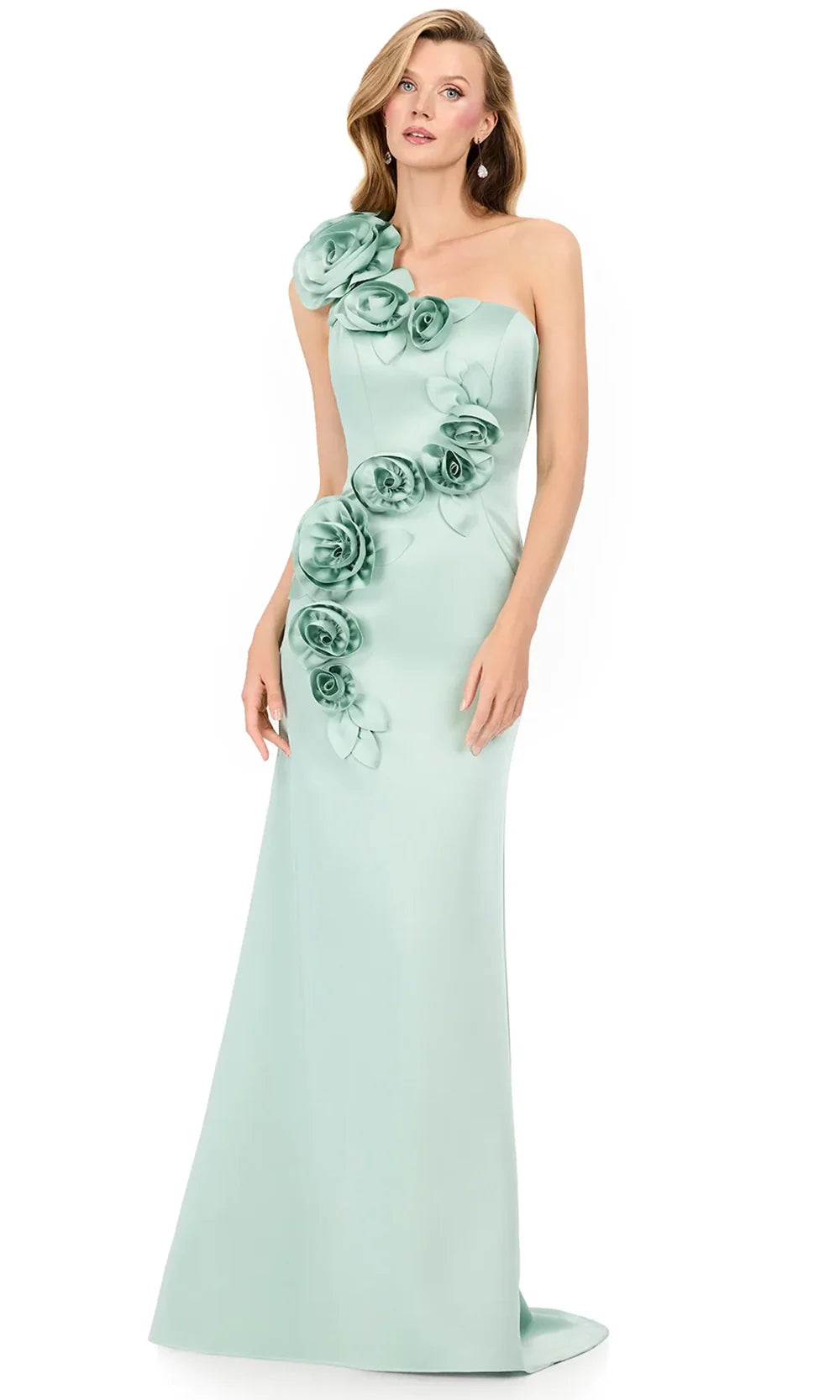 Ashley Lauren E12159 - Asymmetric Neckline Cascadin g Floral Dress in Sage