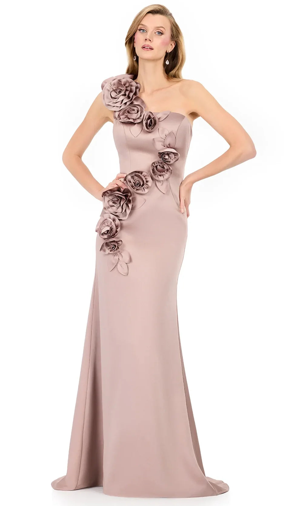 Ashley Lauren E12159 - Asymmetric Neckline Cascadin g Floral Dress in Taupe