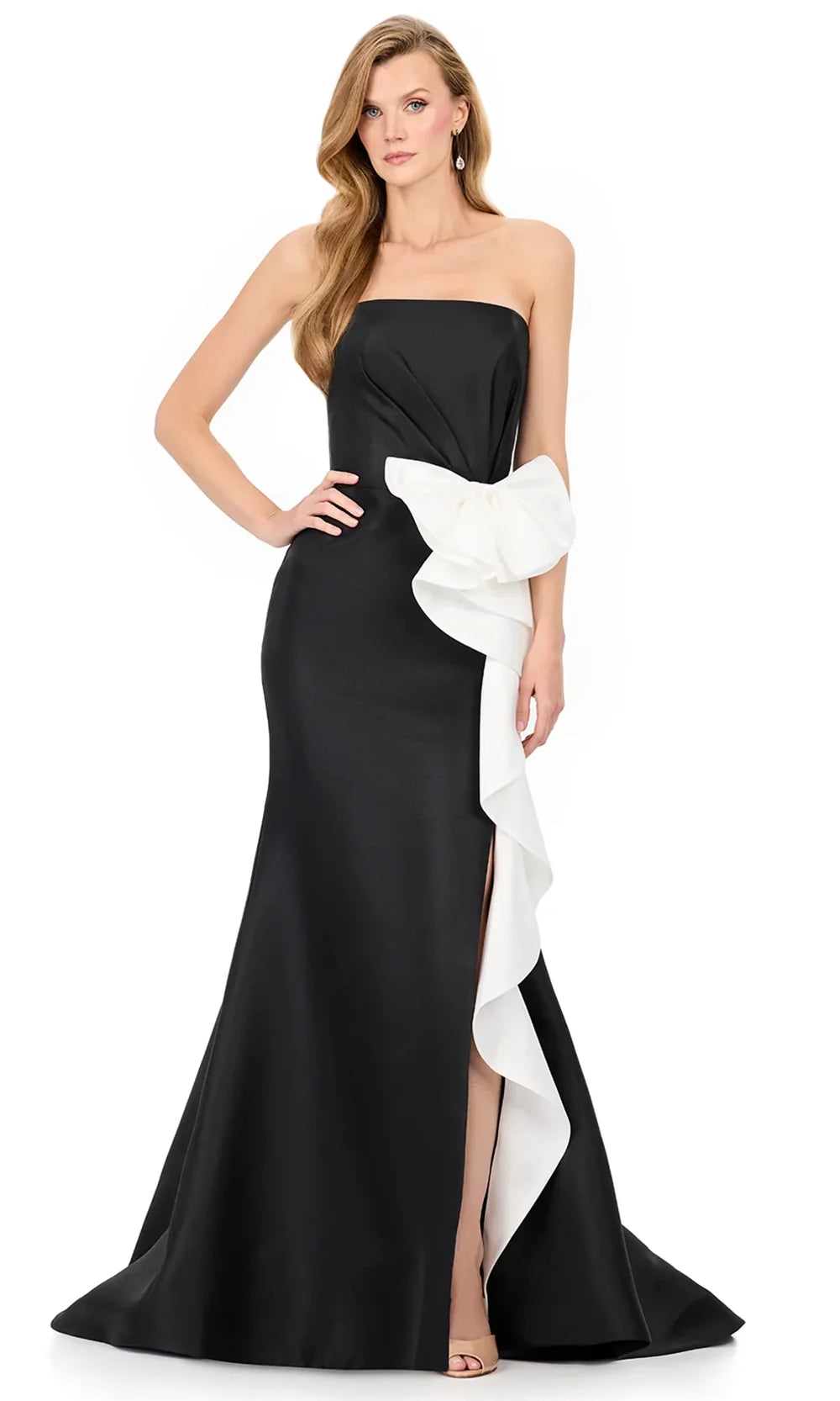Ashley Lauren E12216 - Straight Neckline Ruffle Bow Evening Dress in Black White