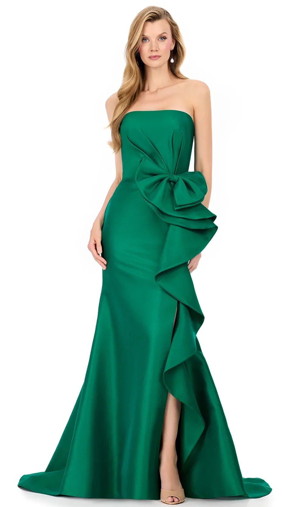 Ashley Lauren E12216 - Straight Neckline Ruffle Bow Evening Dress in Emerald