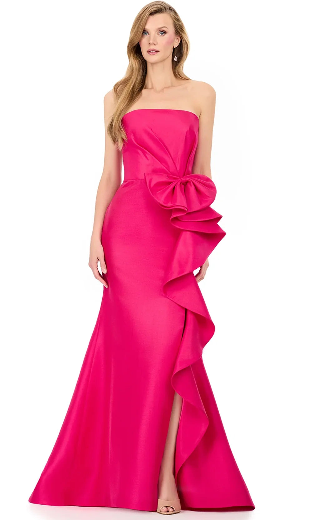 Ashley Lauren E12216 - Straight Neckline Ruffle Bow Evening Dress in Fuchsia