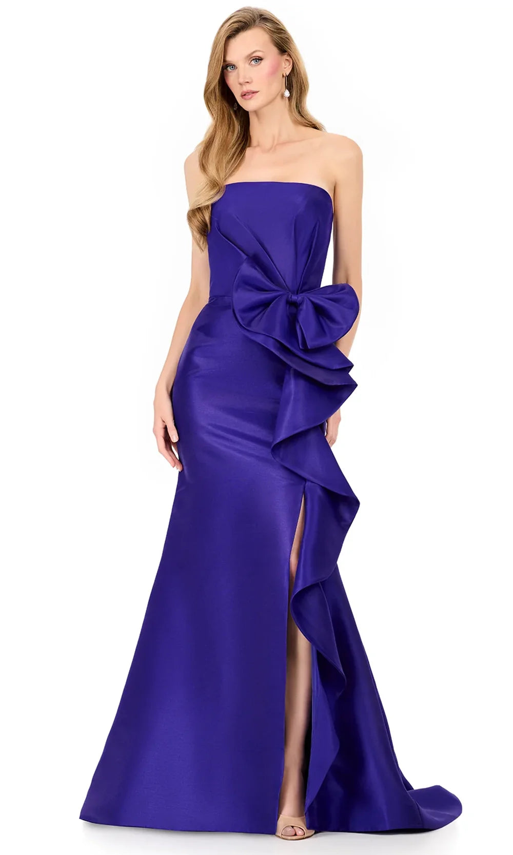 Ashley Lauren E12216 - Straight Neckline Ruffle Bow Evening Dress in Purple