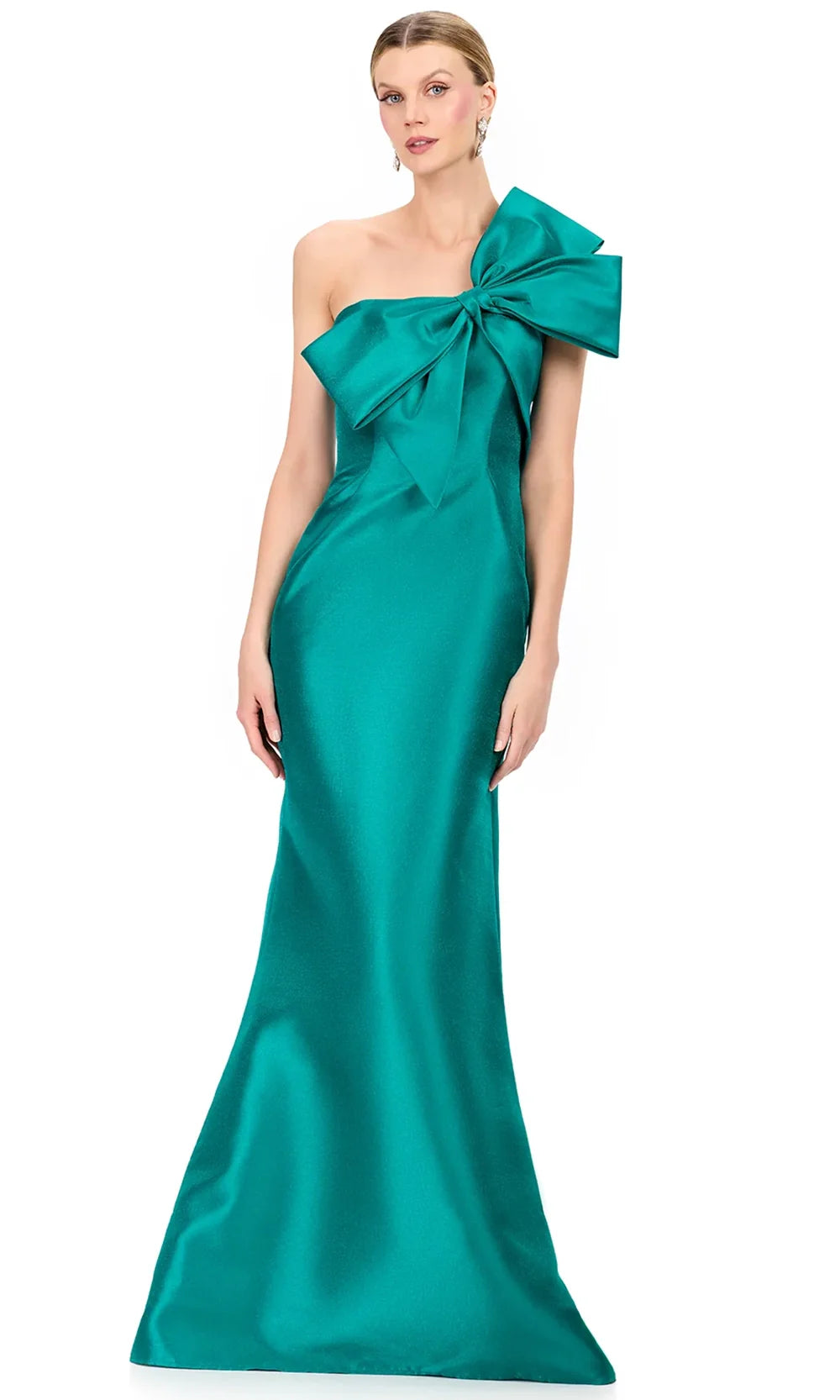 Ashley Lauren E12224 - Oversized Bow Asymmetric Mikado Dress in Jade