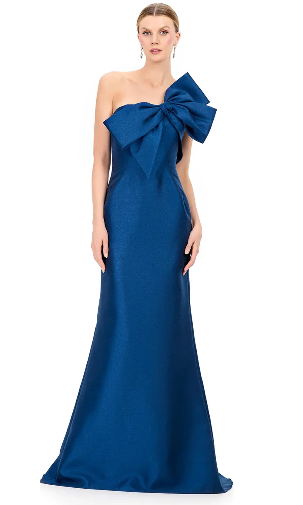 Ashley Lauren E12224 - Oversized Bow Asymmetric Mikado Dress in Navy