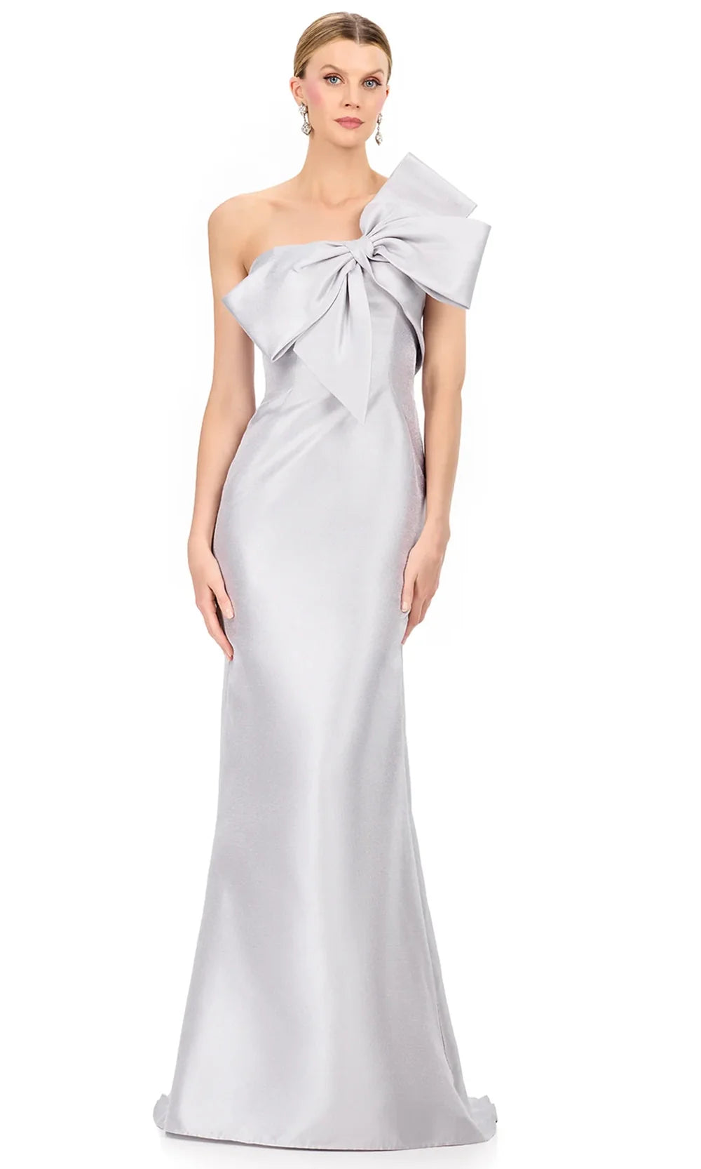 Ashley Lauren E12224 - Oversized Bow Asymmetric Mikado Dress in Silver